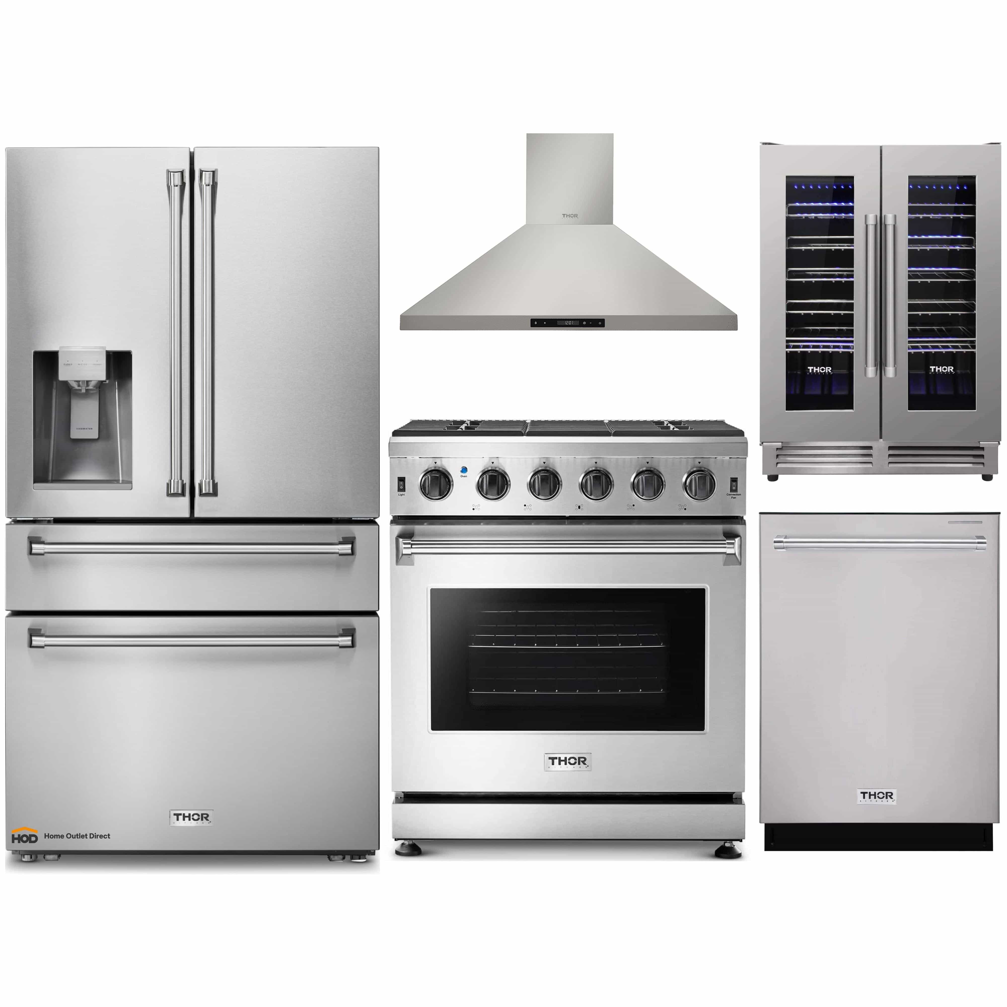 Thor Kitchen 5-Piece Appliance Package - 30-Inch Gas Range, Refrigerator with Water Dispenser, Wall Mount Hood, Dishwasher, & Wine Cooler in Stainless Steel