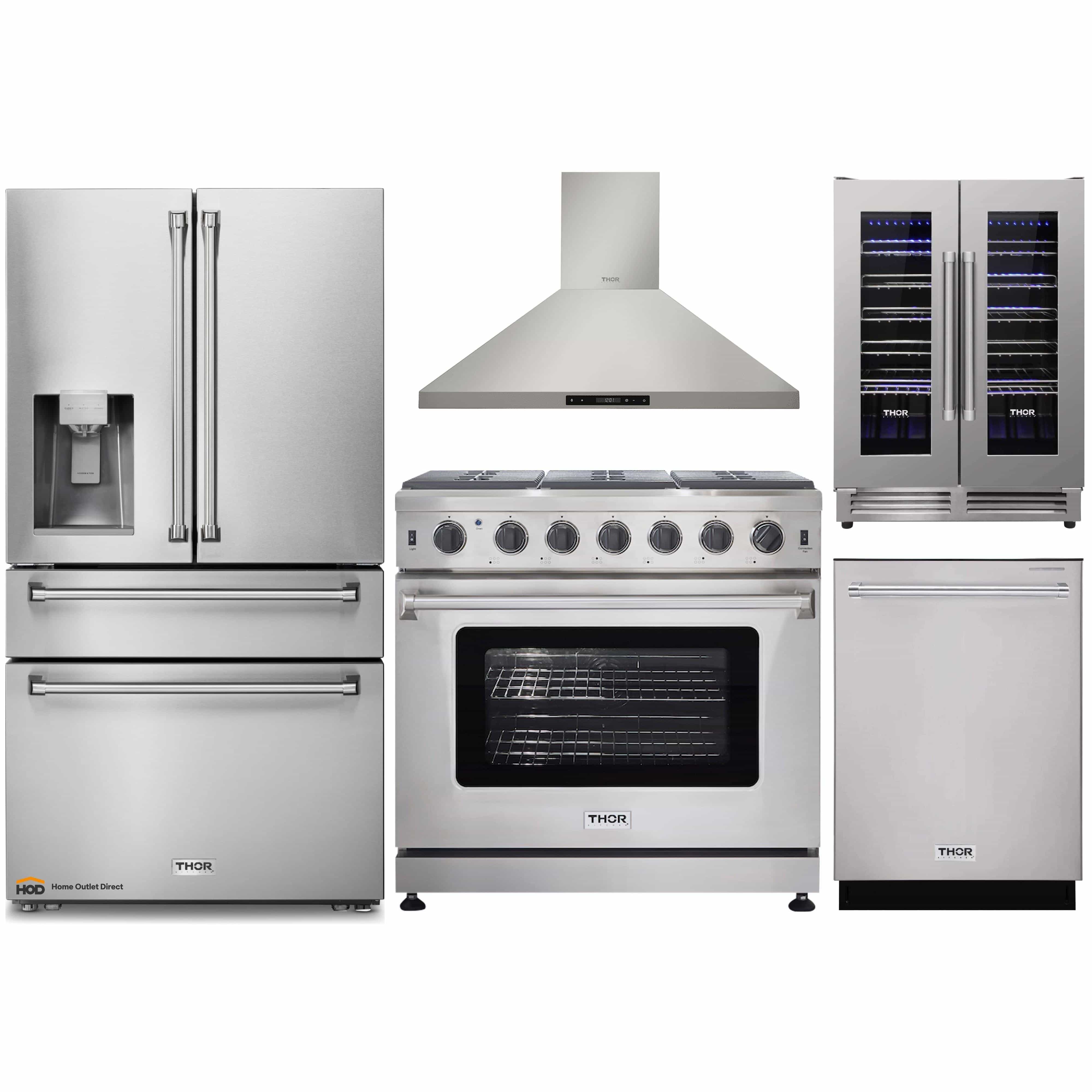 Thor Kitchen 5-Piece Appliance Package - 36-Inch Gas Range, Refrigerator with Water Dispenser, Wall Mount Hood, Dishwasher, & Wine Cooler in Stainless Steel