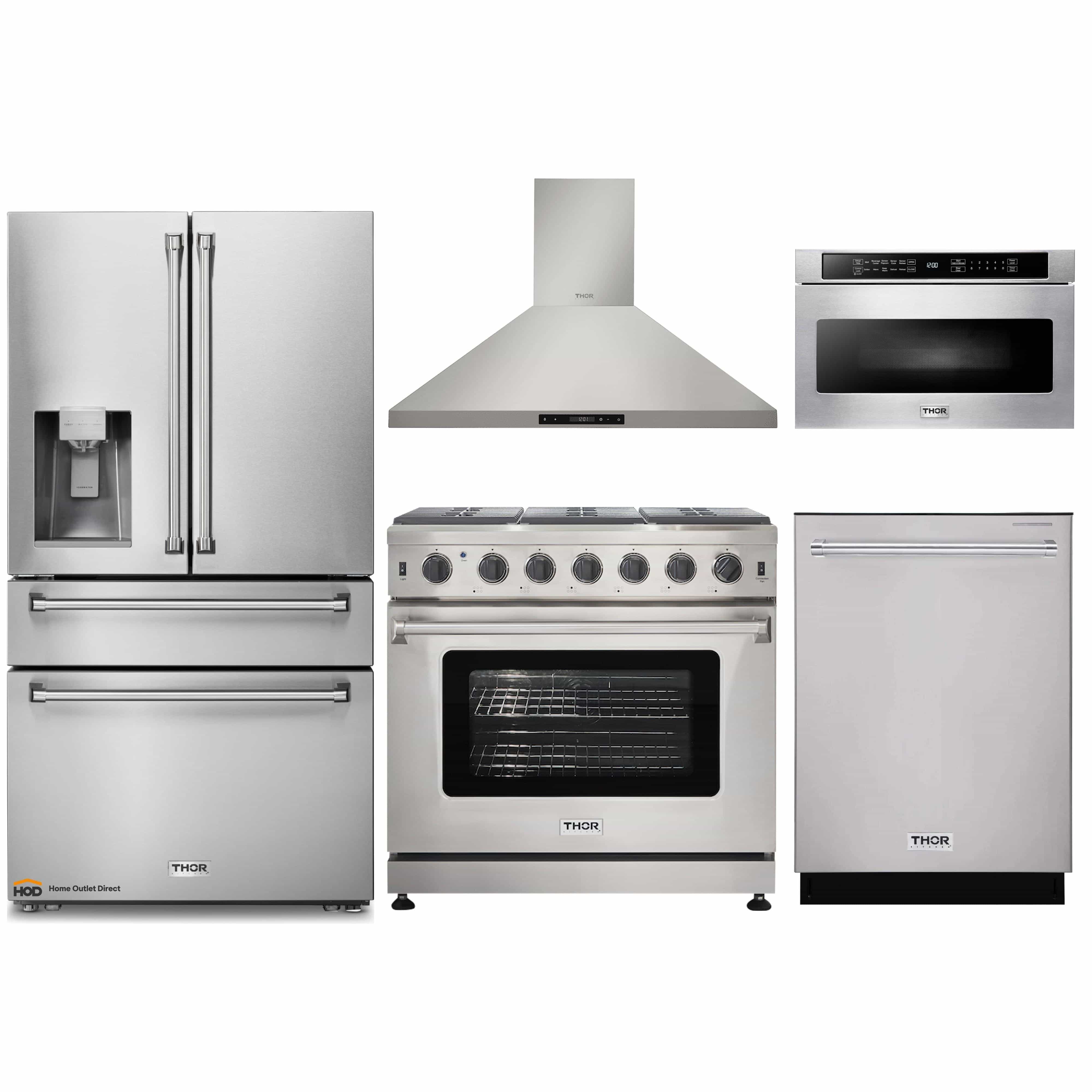 Thor Kitchen 5-Piece Appliance Package - 36-Inch Gas Range, Refrigerator with Water Dispenser, Wall Mount Hood, Dishwasher, & Microwave Drawer in Stainless Steel