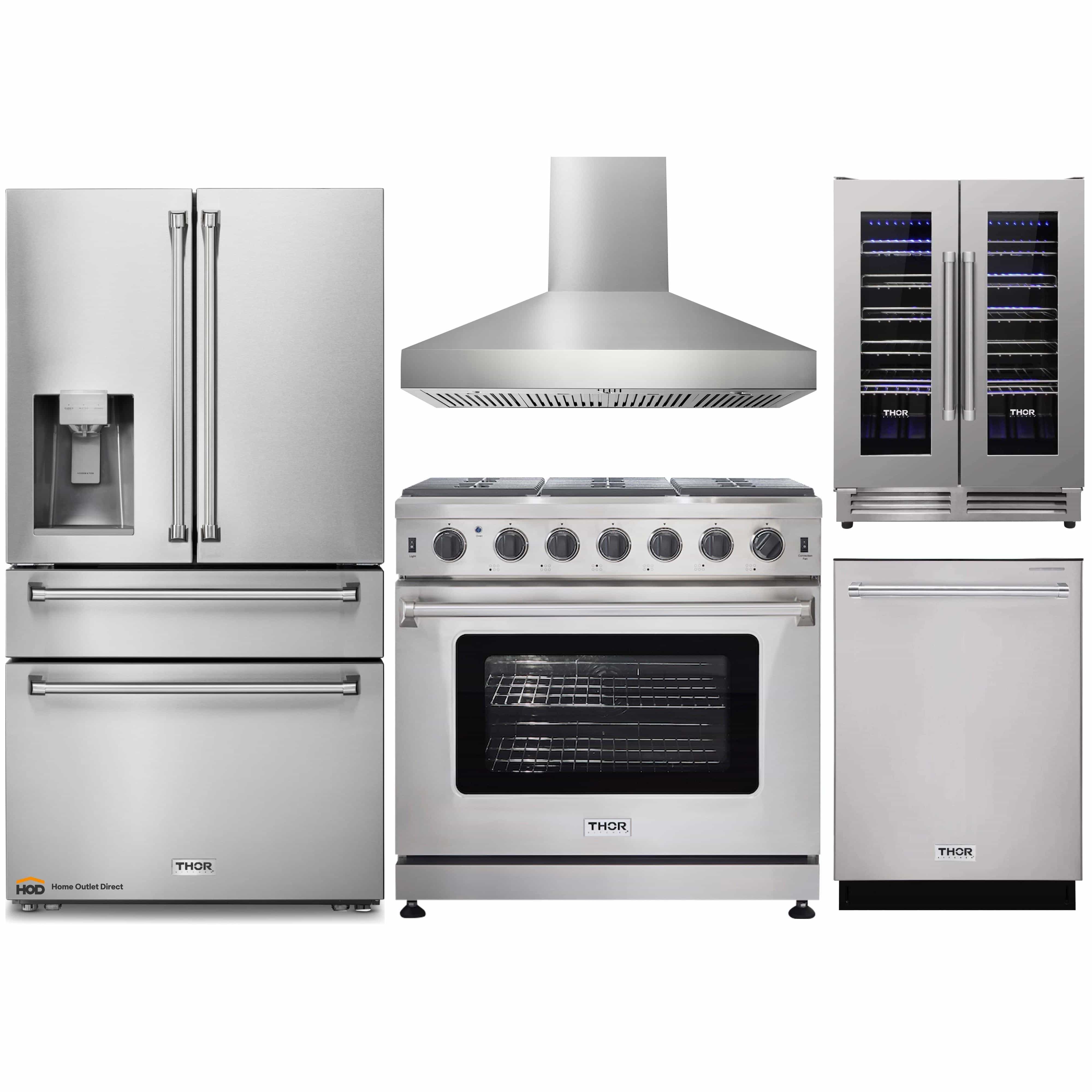 Thor Kitchen 5-Piece Appliance Package - 36-Inch Gas Range, Refrigerator with Water Dispenser, Pro-Style Wall Mount Hood, Dishwasher, & Wine Cooler in Stainless Steel