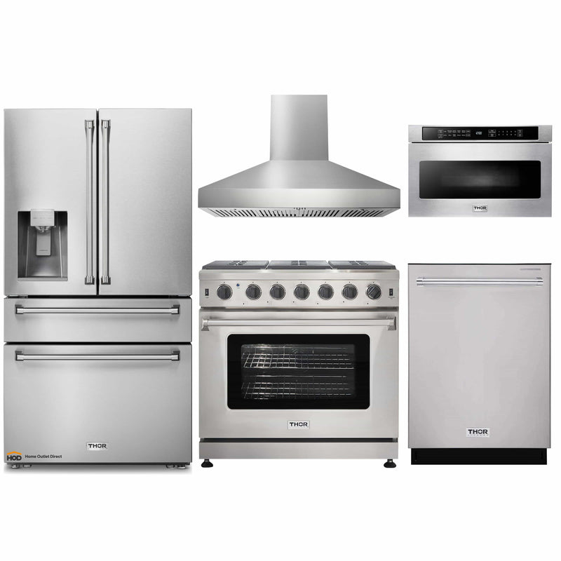 Thor Kitchen 5-Piece Appliance Package - 36-Inch Gas Range, Refrigerator with Water Dispenser, Pro-Style Wall Mount Hood, Dishwasher, & Microwave Drawer in Stainless Steel