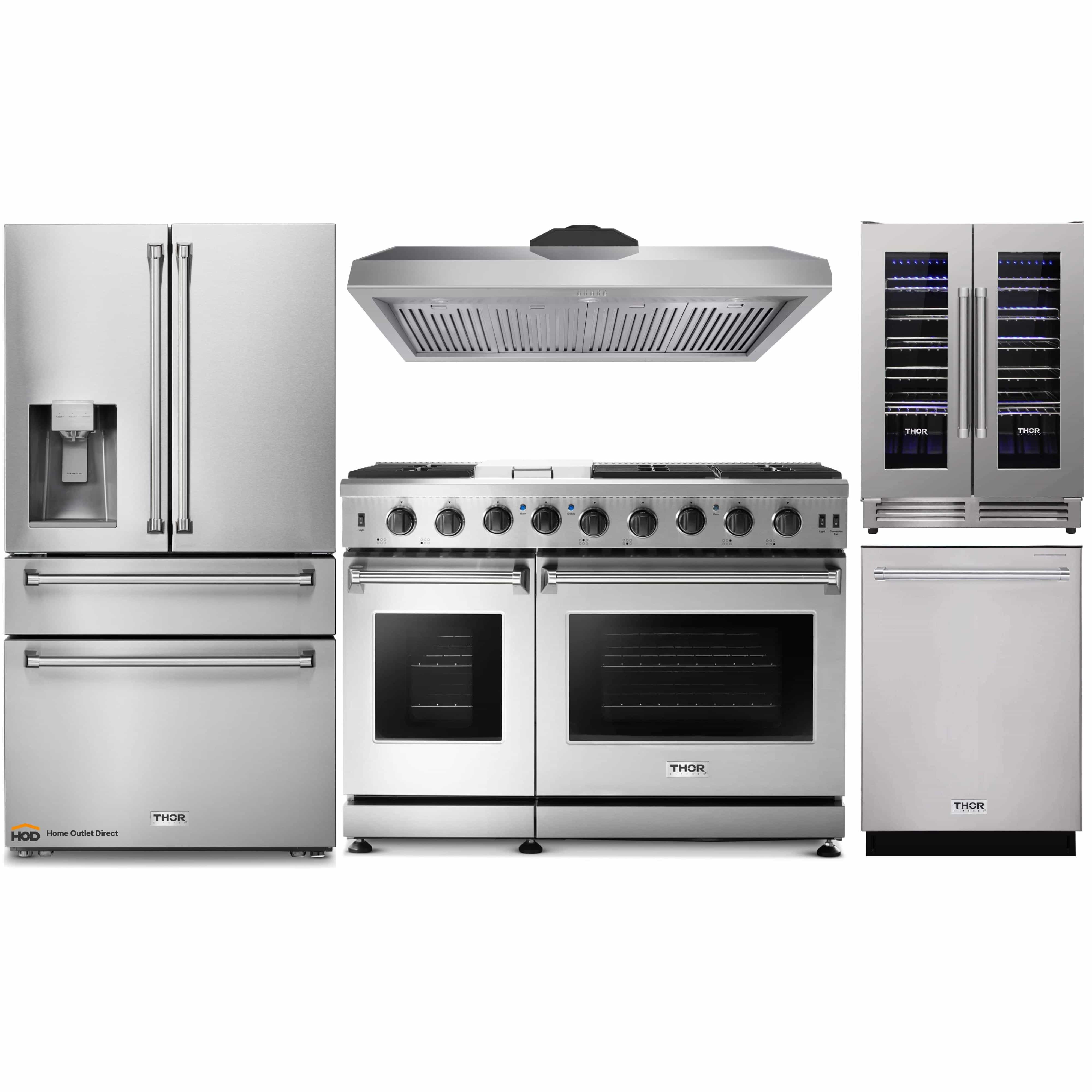 Thor Kitchen 5-Piece Appliance Package - 48-Inch Gas Range, Under Cabinet 11-Inch Tall Hood, Refrigerator with Water Dispenser, Dishwasher, & Wine Cooler in Stainless Steel
