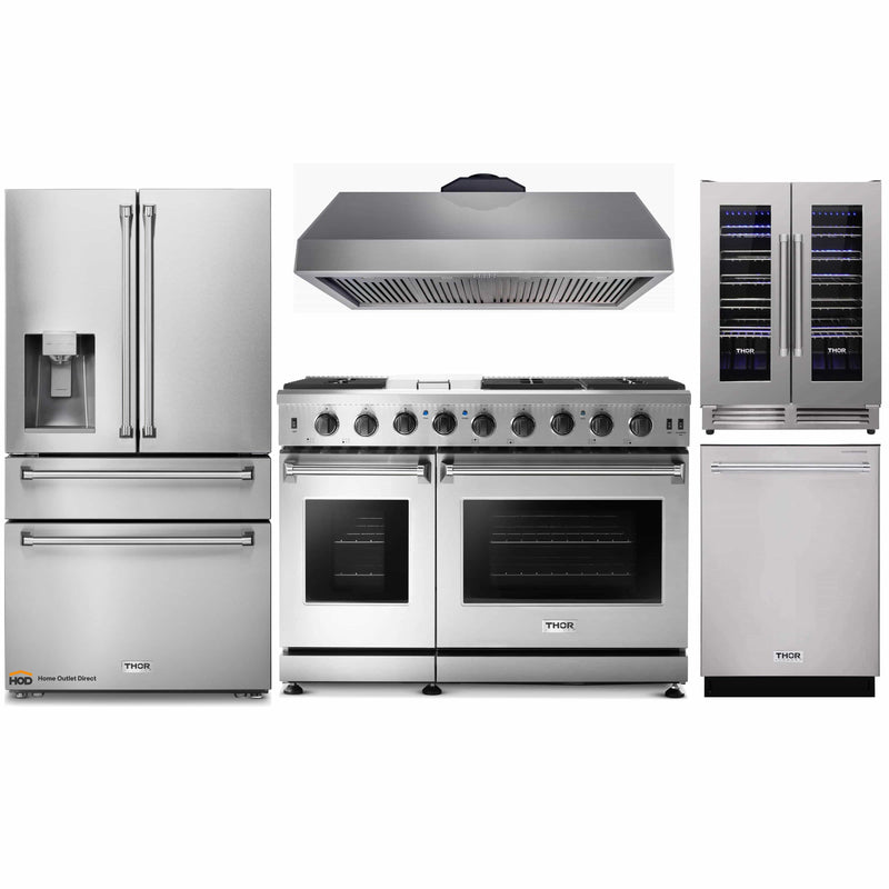 Thor Kitchen 5-Piece Appliance Package - 48-Inch Gas Range, Under Cabinet 16.5-Inch Tall, Refrigerator with Water Dispenser, Dishwasher, & Wine Cooler in Stainless Steel