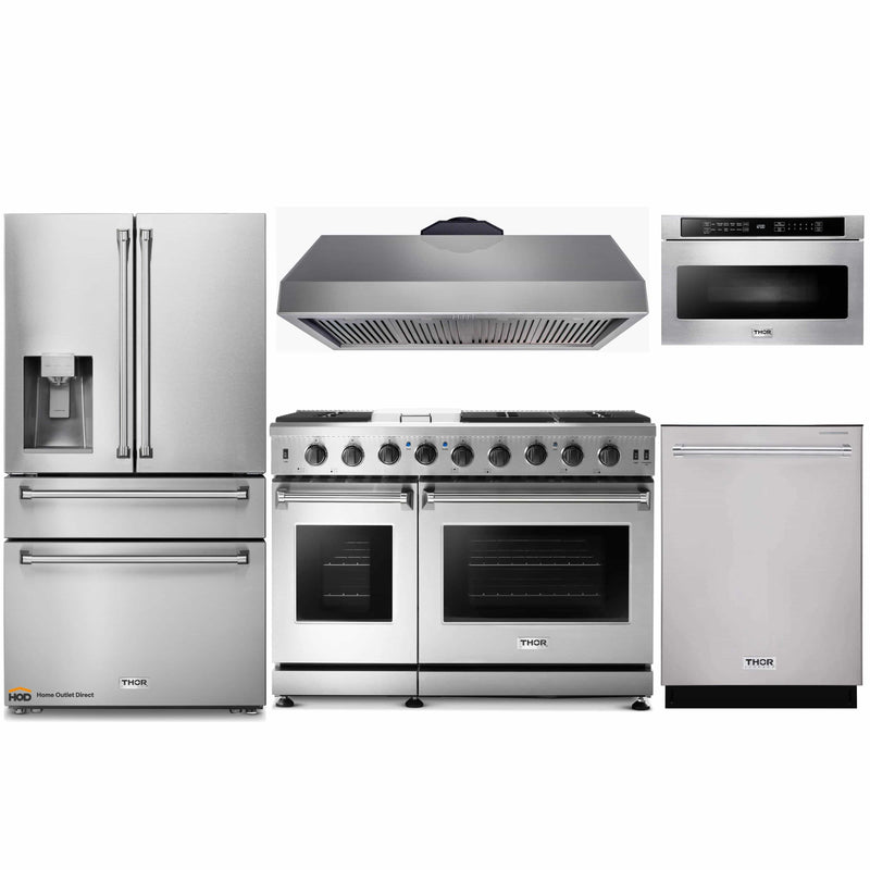 Thor Kitchen 5-Piece Appliance Package - 48-Inch Gas Range, Refrigerator with Water Dispenser, Under-cabinet 16.5-Inch Hood, Dishwasher, & Microwave Drawer in Stainless Steel