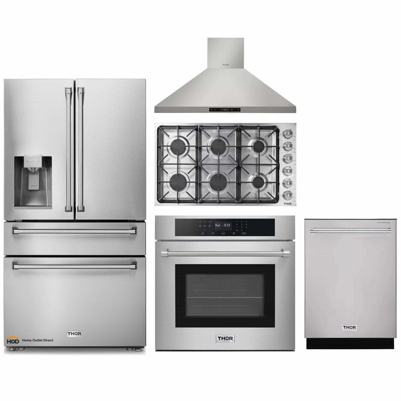 Thor Kitchen 5-Piece Pro Appliance Package - 36-Inch Gas Cooktop, Electric Wall Oven, Wall Mount Hood, Dishwasher & Refrigerator with Water Dispenser in Stainless Steel