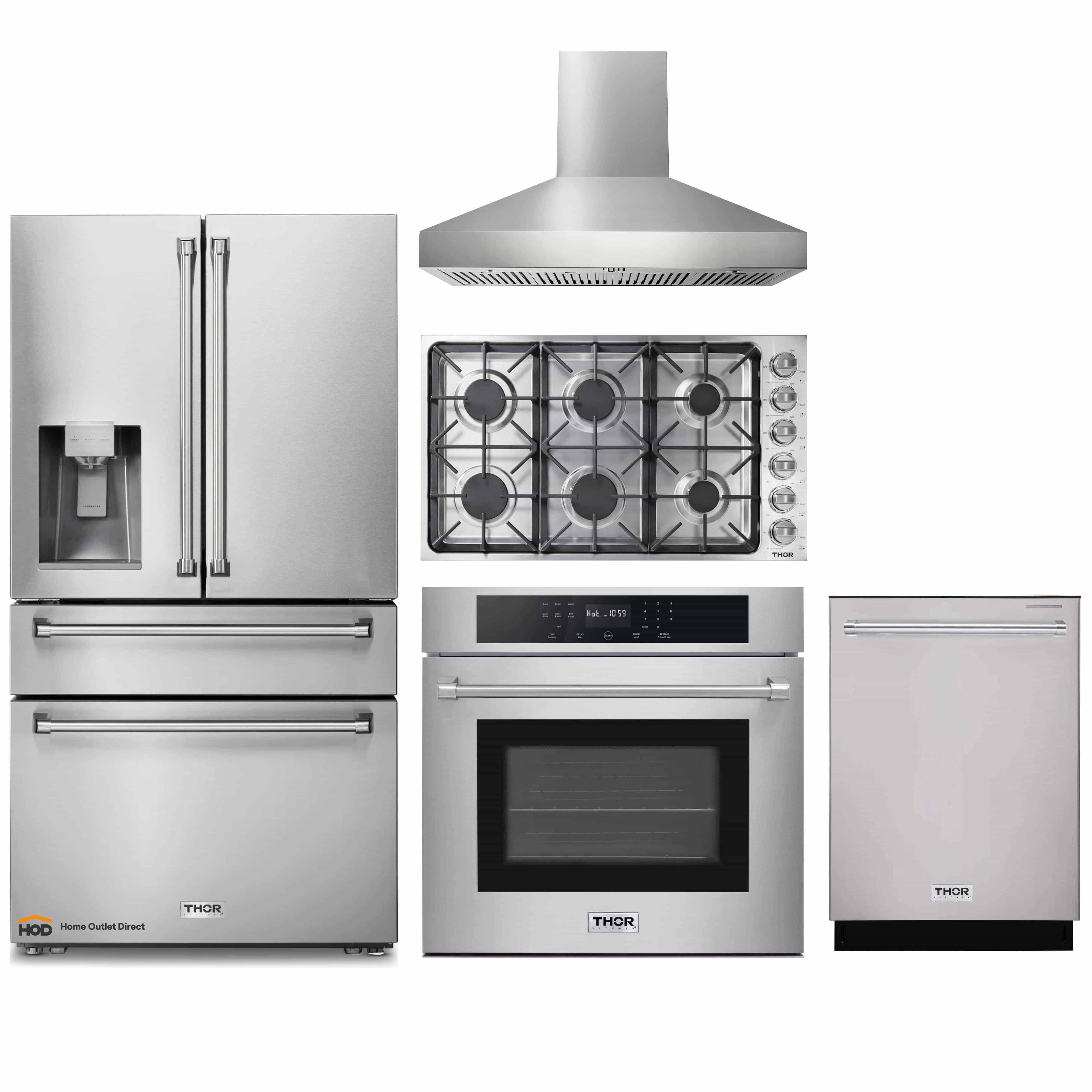 Thor Kitchen 5-Piece Pro Appliance Package - 36-Inch Gas Cooktop, Electric Wall Oven, Pro-Style Wall Mount Hood, Dishwasher & Refrigerator with Water Dispenser in Stainless Steel
