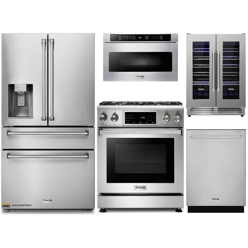 Thor Kitchen 5-Piece Appliance Package - 30-Inch Gas Range with Tilt Panel, Refrigerator with Water Dispenser, Dishwasher, Microwave Drawer, & Wine Cooler in Stainless Steel