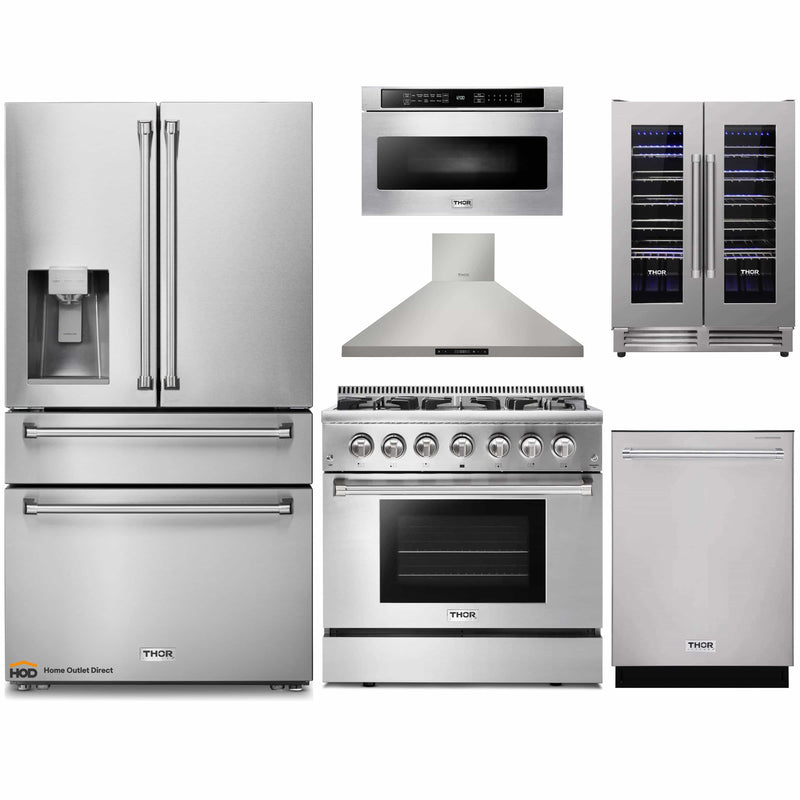 Thor Kitchen 6-Piece Pro Appliance Package - 36-Inch Dual Fuel Range, Refrigerator with Water Dispenser, Pro-Style Wall Mount Hood, Dishwasher, Microwave Drawer, & Wine Cooler in Stainless Steel
