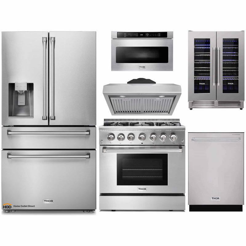 Thor Kitchen 6-Piece Pro Appliance Package - 36-Inch Dual Fuel Range, Refrigerator with Water Dispenser, Under Cabinet Hood, Dishwasher, Microwave Drawer, & Wine Cooler in Stainless Steel
