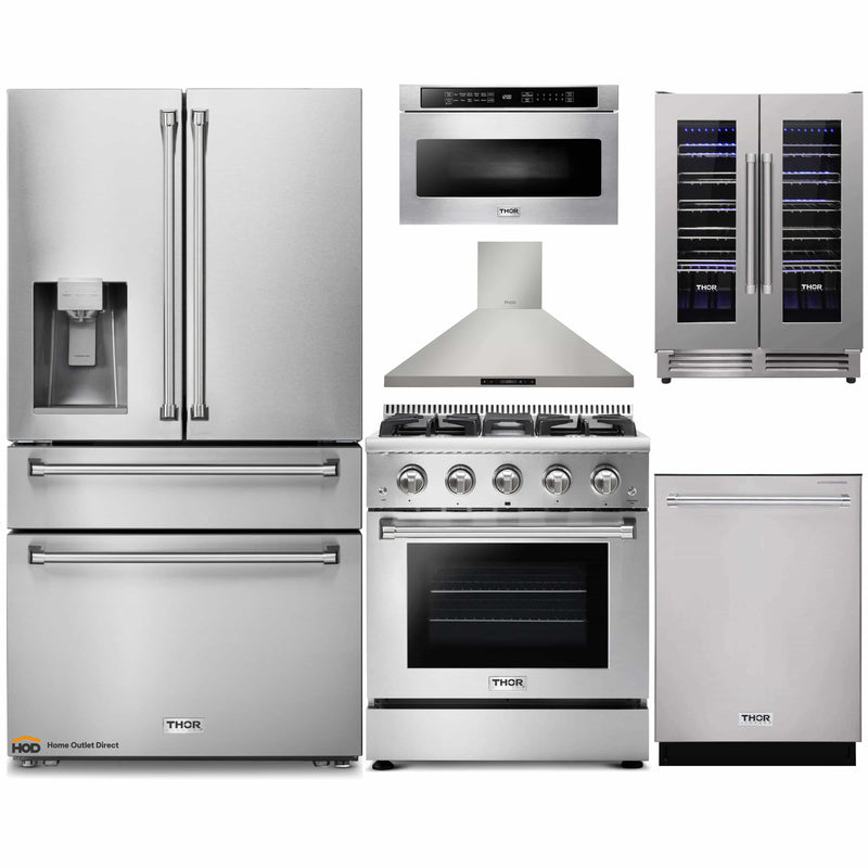Thor Kitchen 6-Piece Pro Appliance Package - 30-Inch Gas Range, Refrigerator with Water Dispenser, Wall Mount Hood, Dishwasher, Microwave Drawer, & Wine Cooler in Stainless Steel