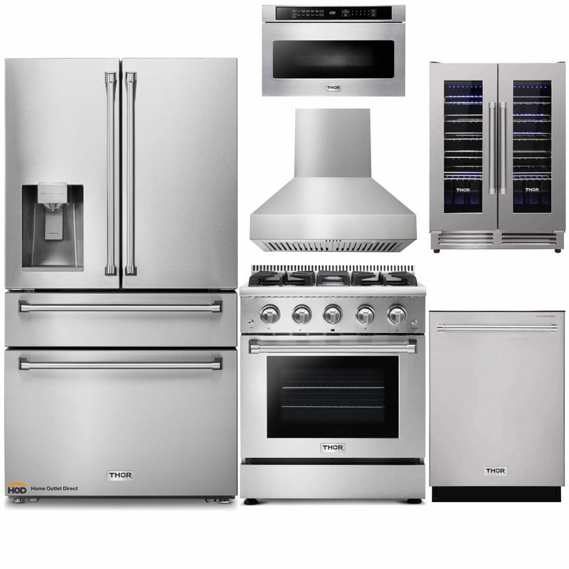 Thor Kitchen 6-Piece Pro Appliance Package - 30-Inch Gas Range, Refrigerator with Water Dispenser, Pro-Style Wall Mount Hood, Dishwasher, Microwave Drawer, & Wine Cooler in Stainless Steel