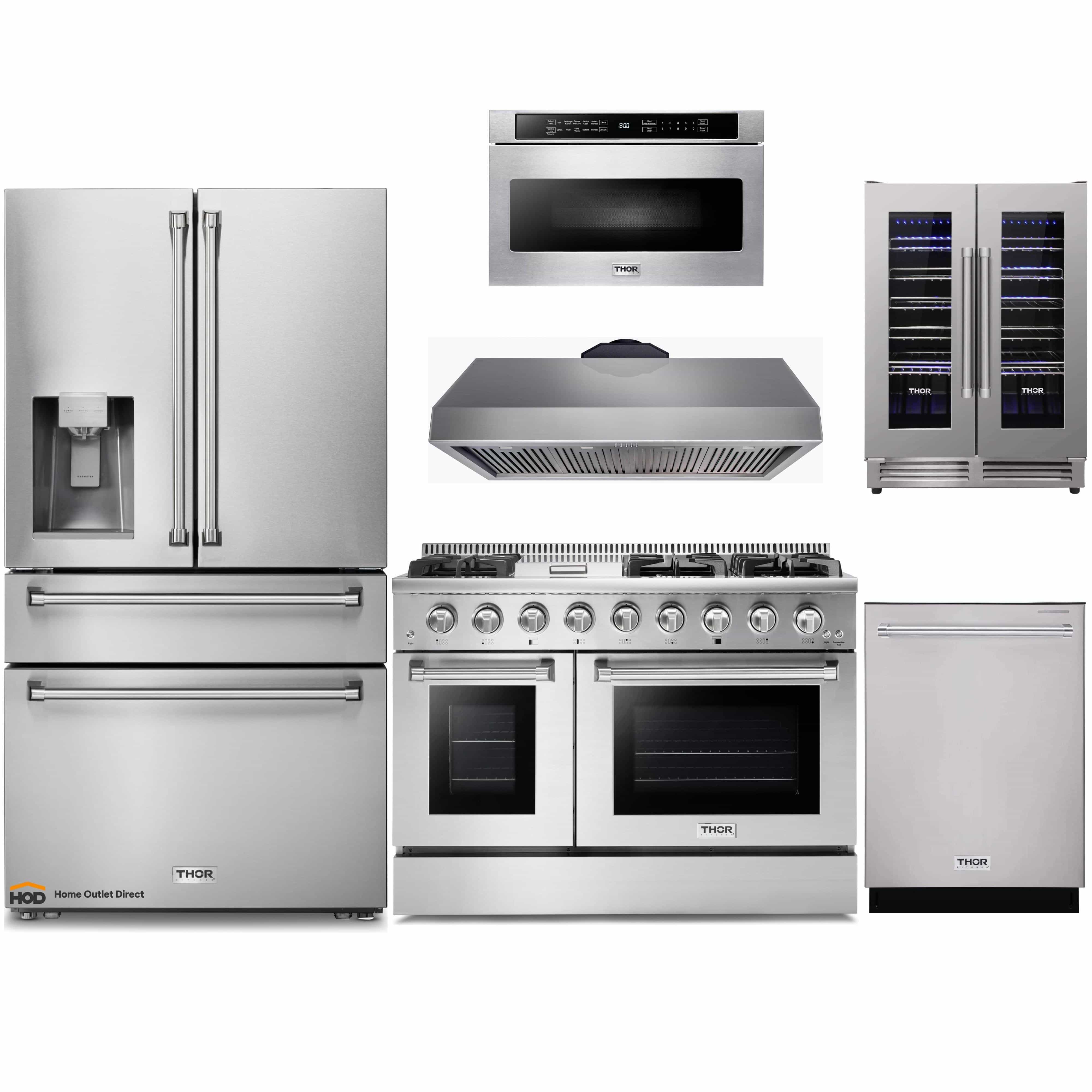 Thor Kitchen 6-Piece Pro Appliance Package - 48-Inch Gas Range, Refrigerator with Water Dispenser, Dishwasher, Under Cabinet 16.5-Inch Tall Hood, Microwave Drawer, & Wine Cooler in Stainless Steel