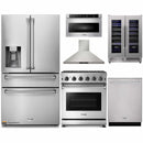Thor Kitchen 6-Piece Appliance Package - 30-Inch Natural Gas Range, Refrigerator with Water Dispenser, Wall Mount Hood, Dishwasher, Microwave Drawer, & Wine Cooler in Stainless Steel