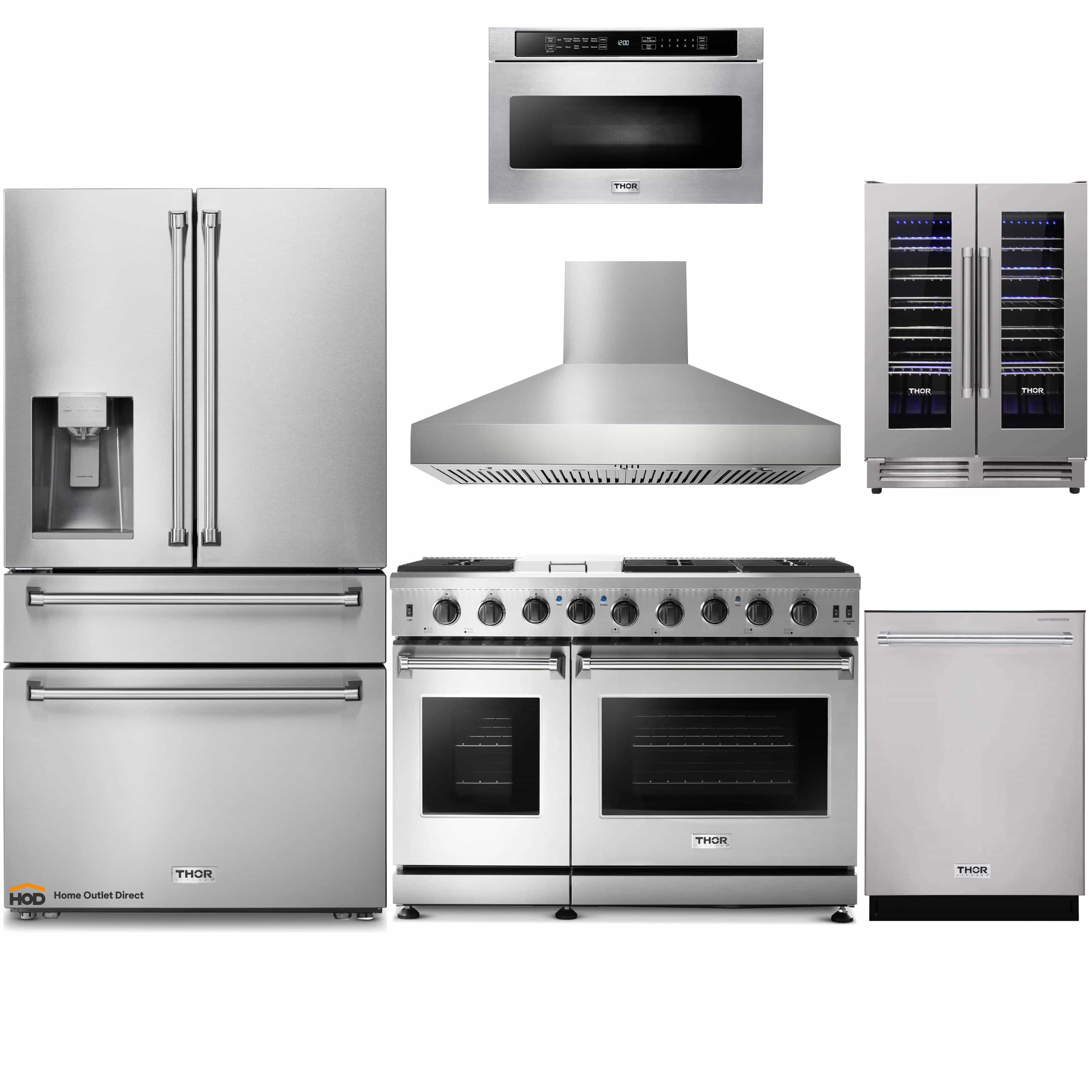 Thor Kitchen 6-Piece Appliance Package - 48-Inch Gas Range, Refrigerator with Water Dispenser, Pro Wall Mount Hood, Dishwasher, Microwave Drawer, & Wine Cooler in Stainless Steel