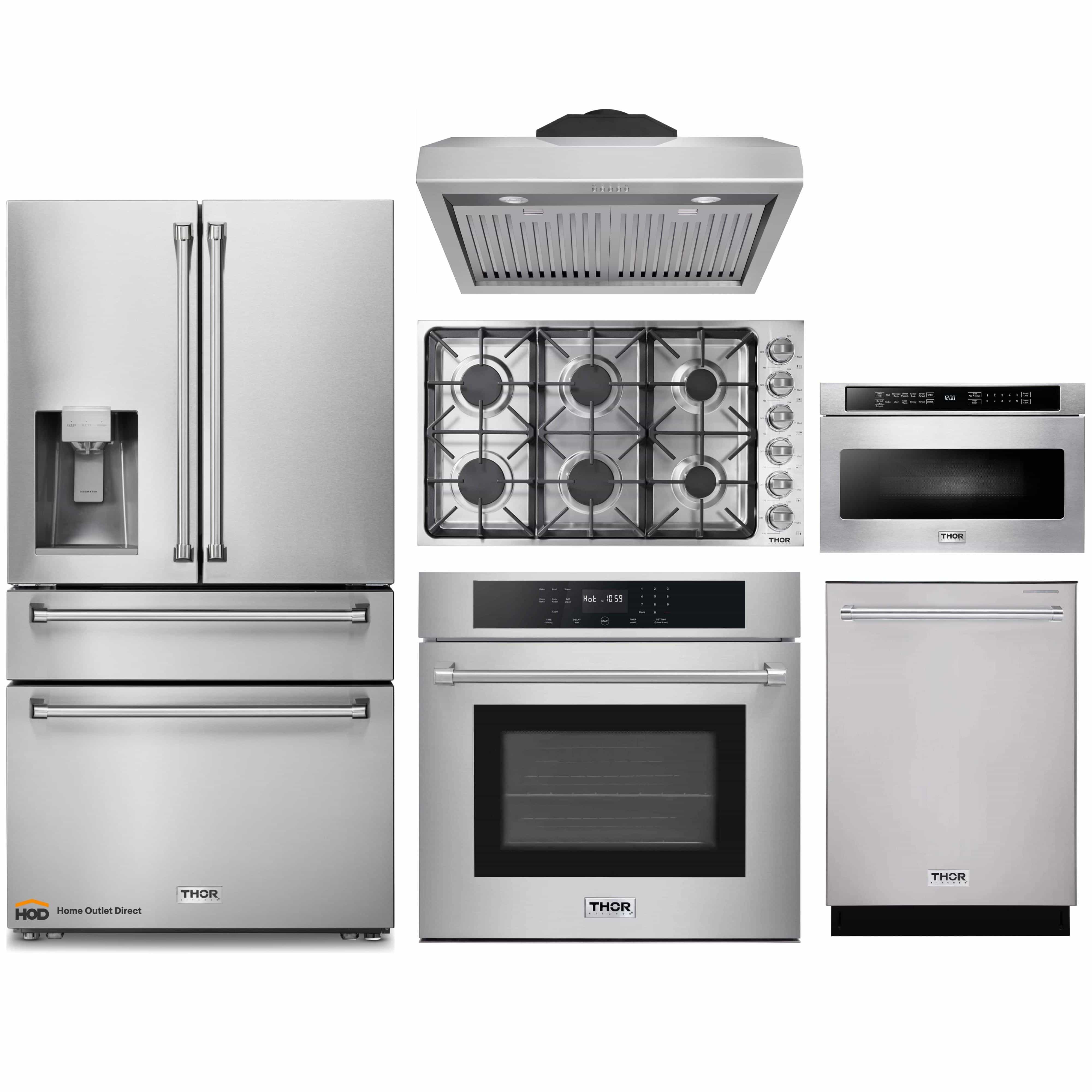 Thor Kitchen 6-Piece Pro Appliance Package - 36-Inch Gas Cooktop, Electric Wall Oven, Under Cabinet Hood, Refrigerator with Water Dispenser, Dishwasher & Microwave Drawer in Stainless Steel