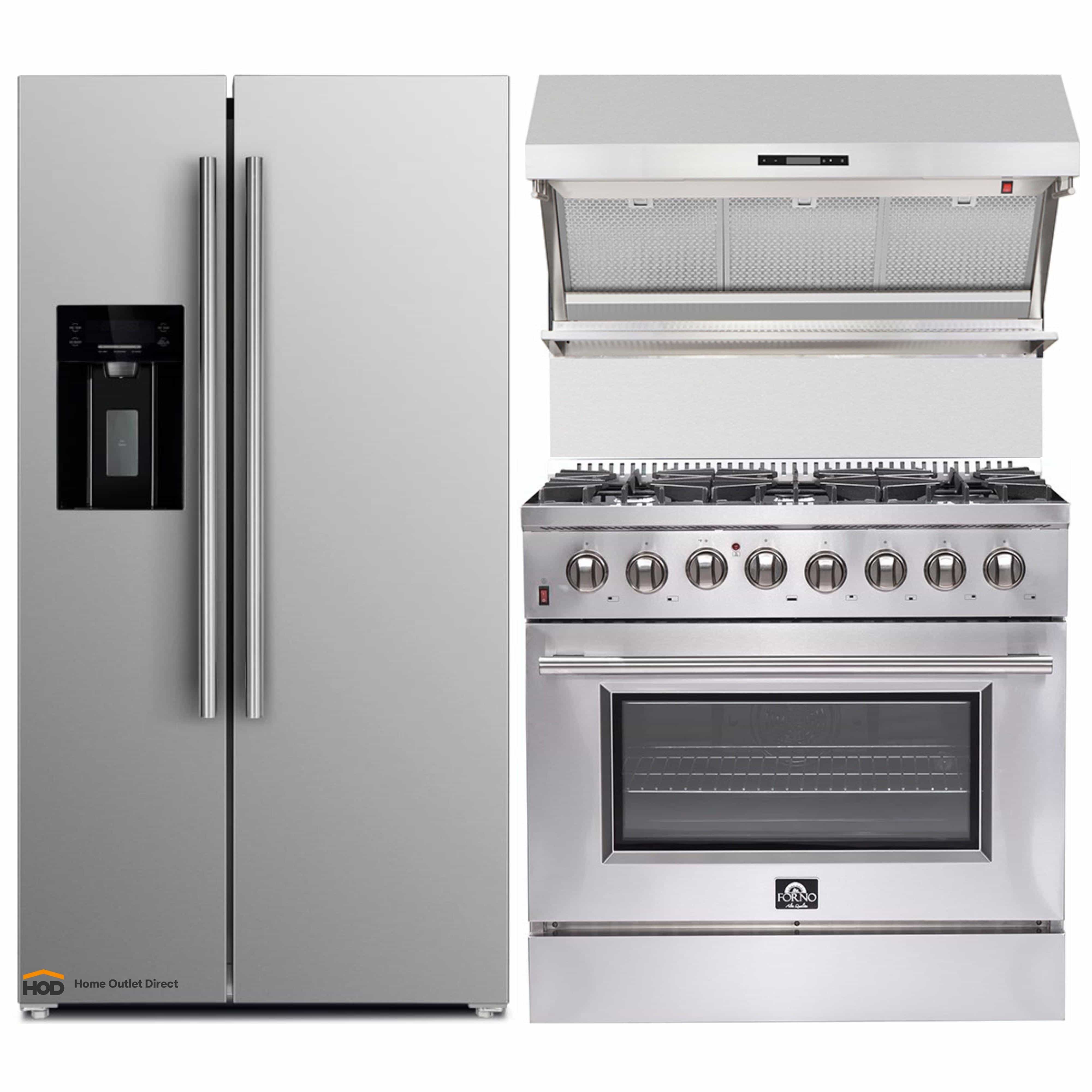 Stainless steel refrigerator and dual-fuel range with wall mount hood