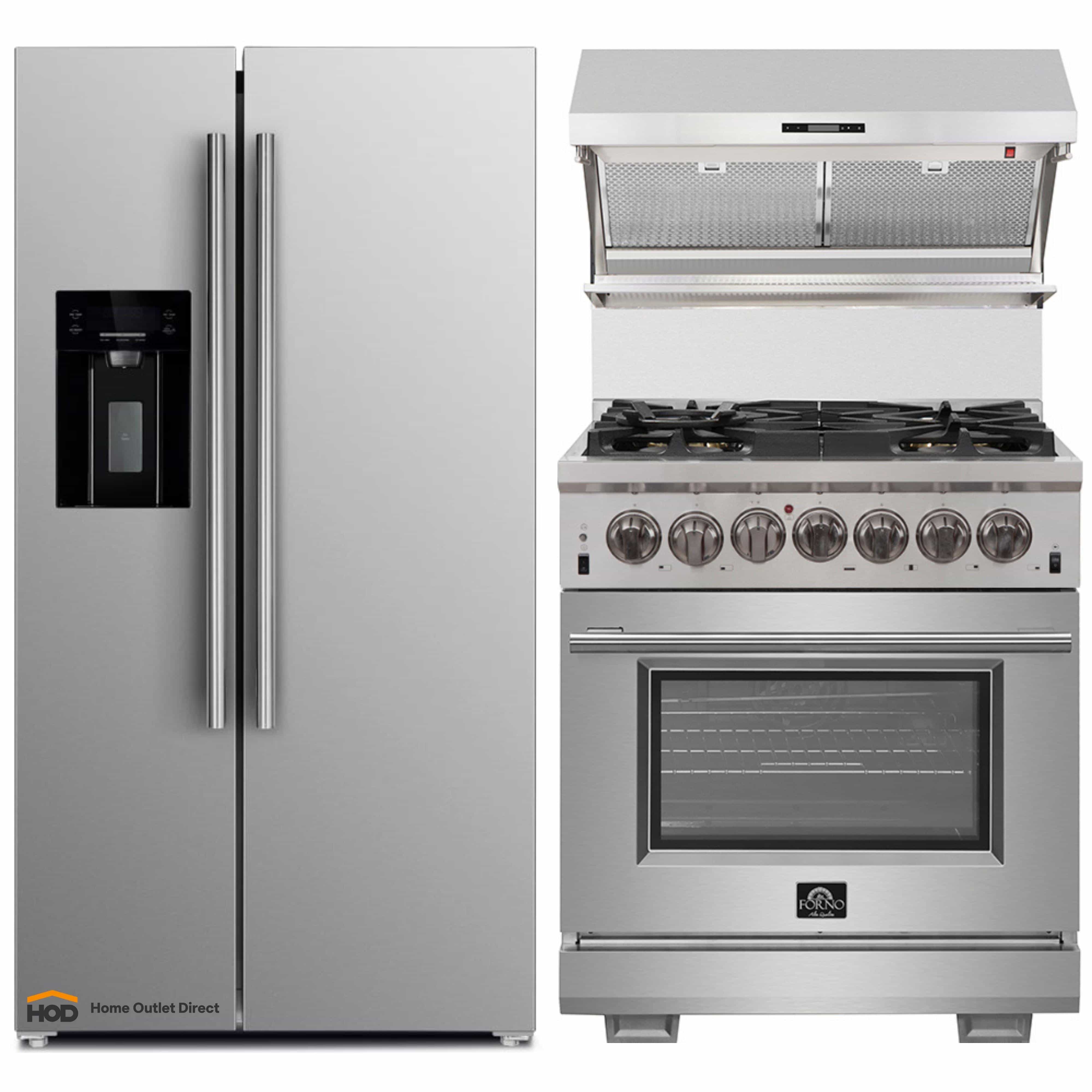 Stainless steel refrigerator with water dispenser beside stainless steel range and hood