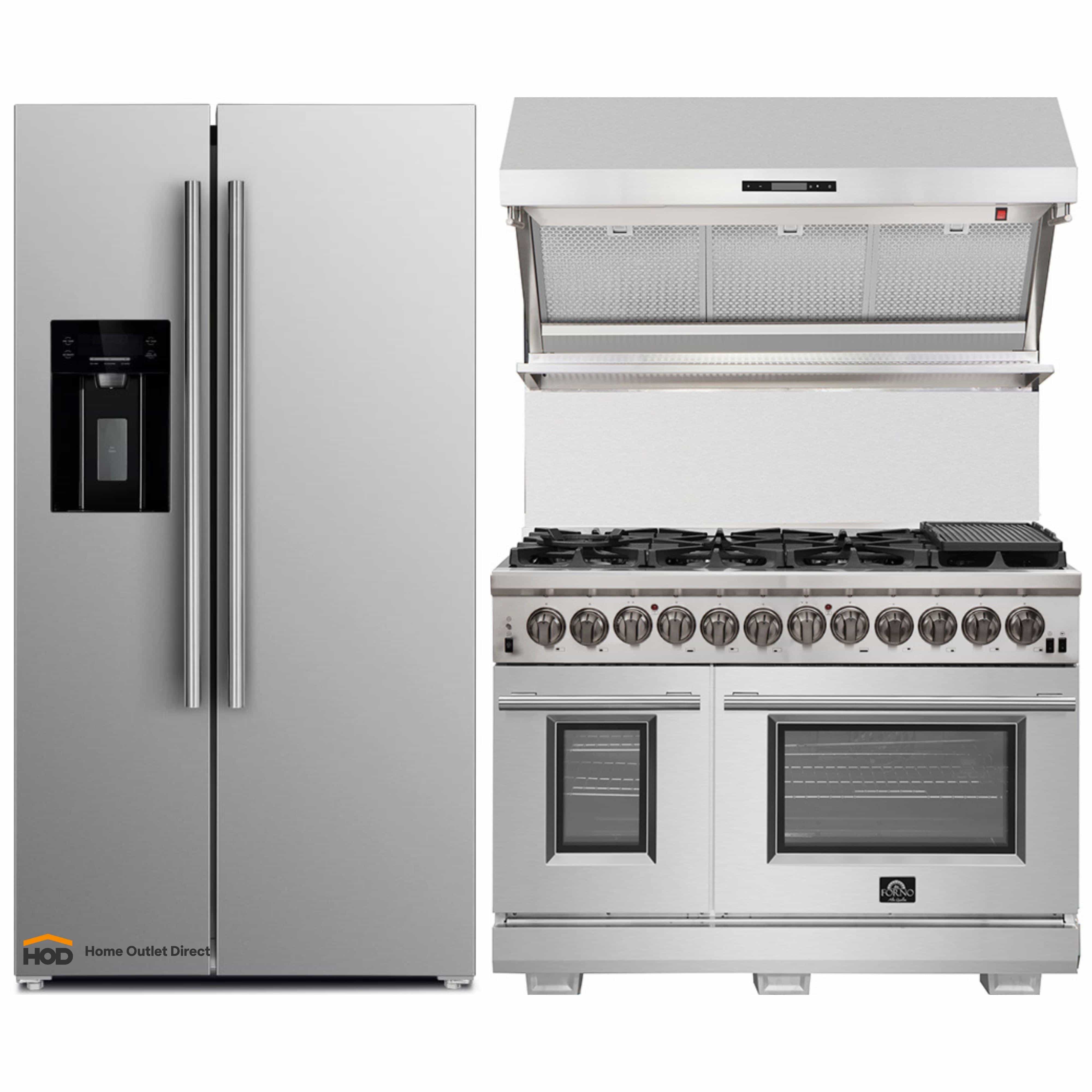 Stainless steel refrigerator, dual-oven range, and wall hood set