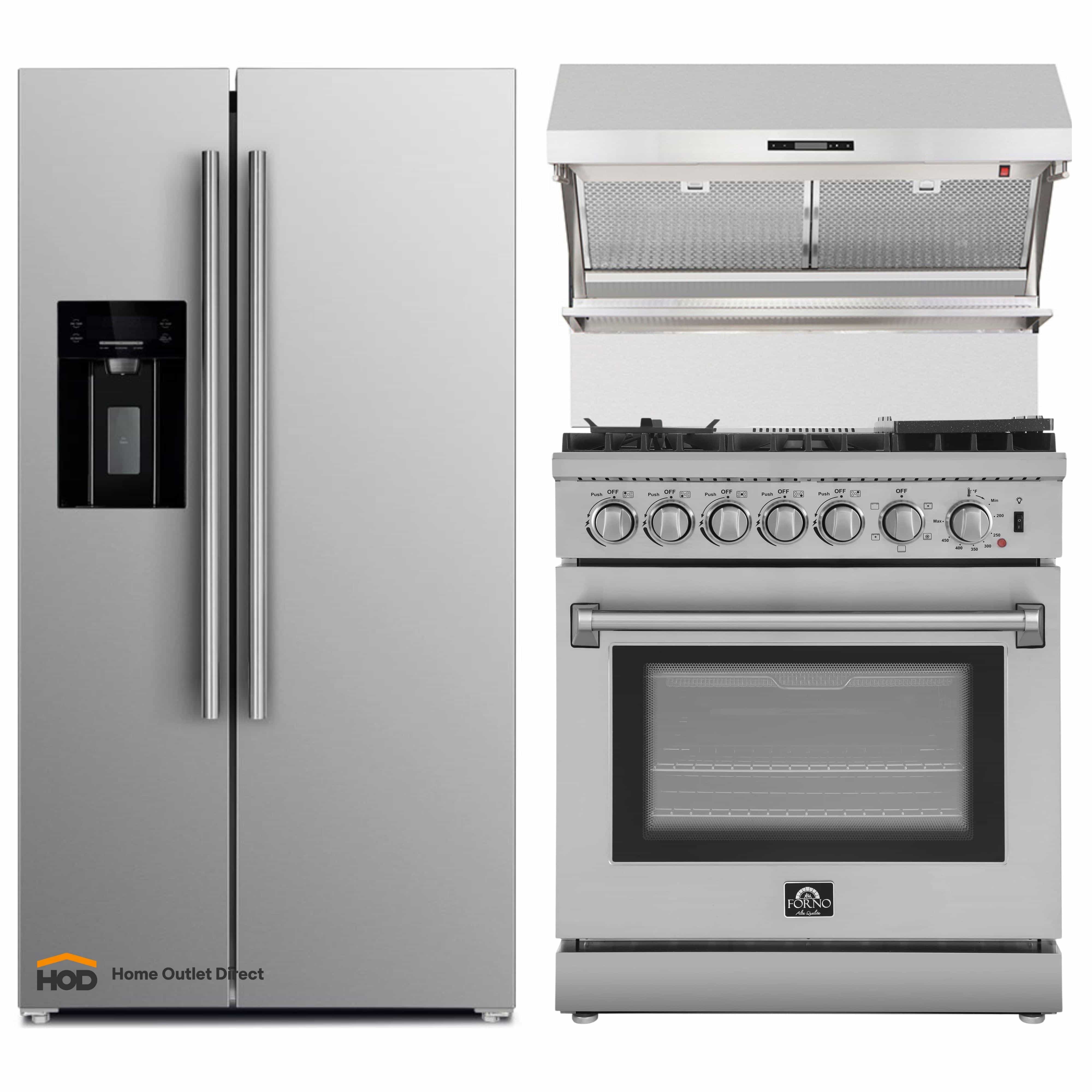 Stainless appliance package showing refrigerator and dual-fuel range side by side