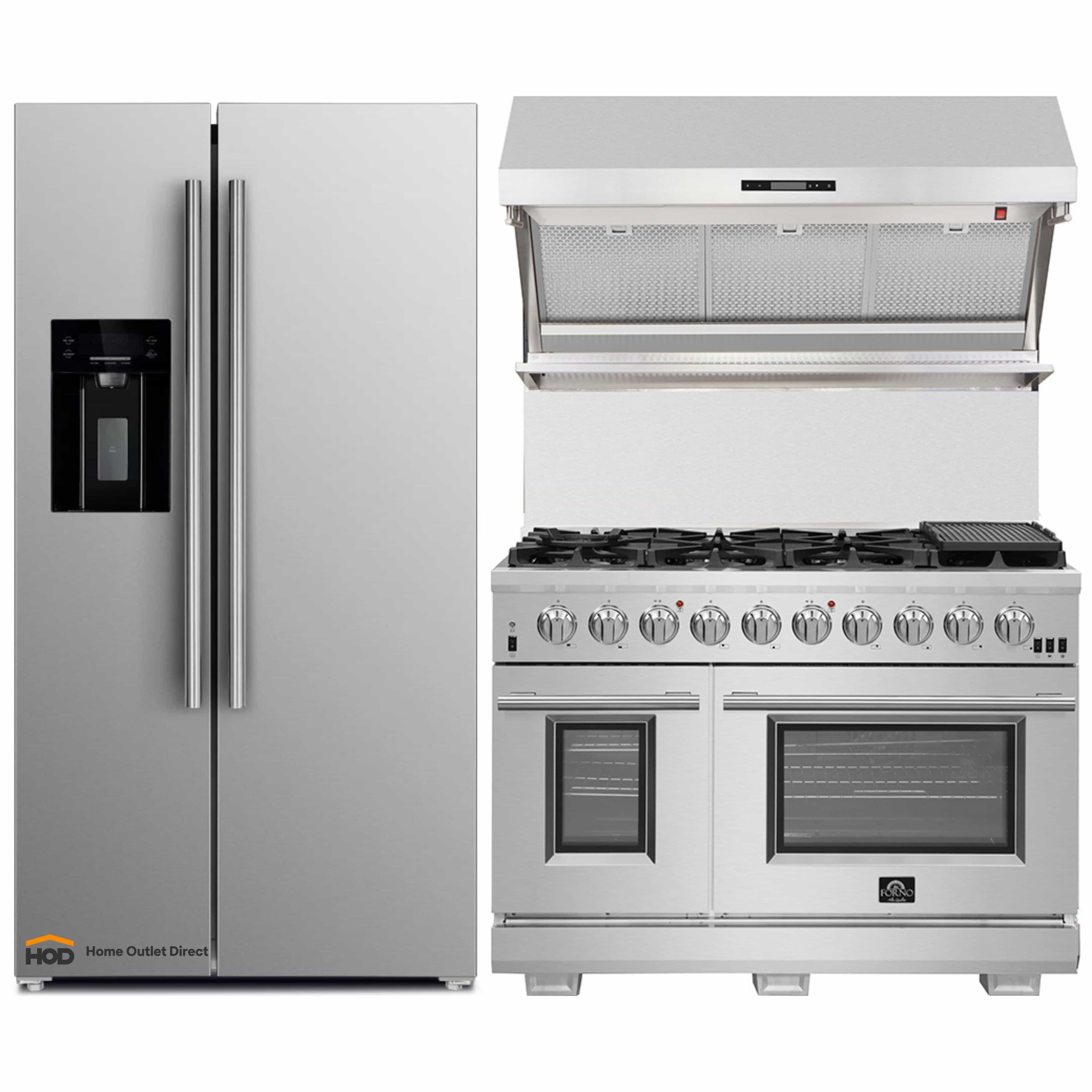 Stainless steel refrigerator with water dispenser, gas range and wall hood set