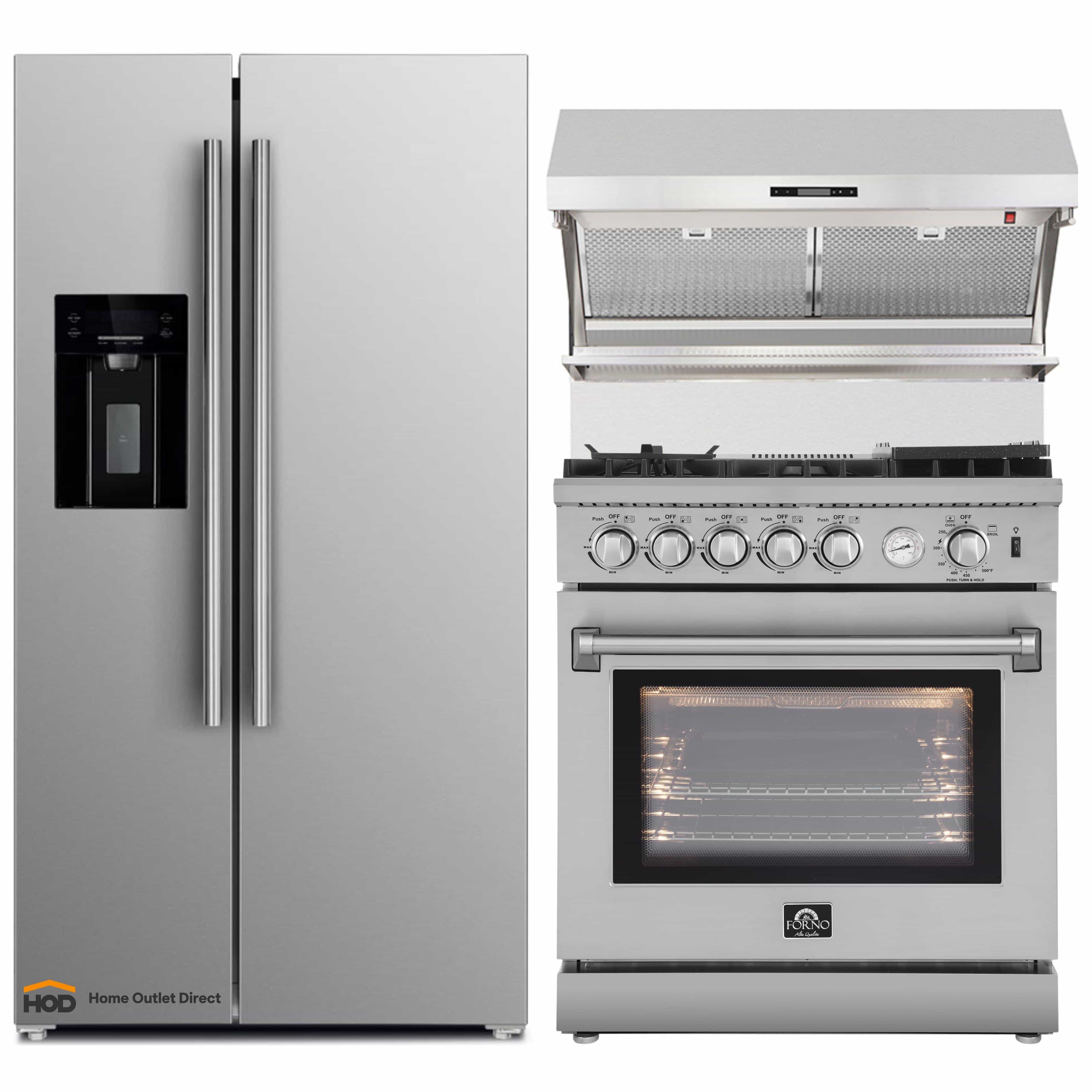 Stainless steel refrigerator with water dispenser next to gas range