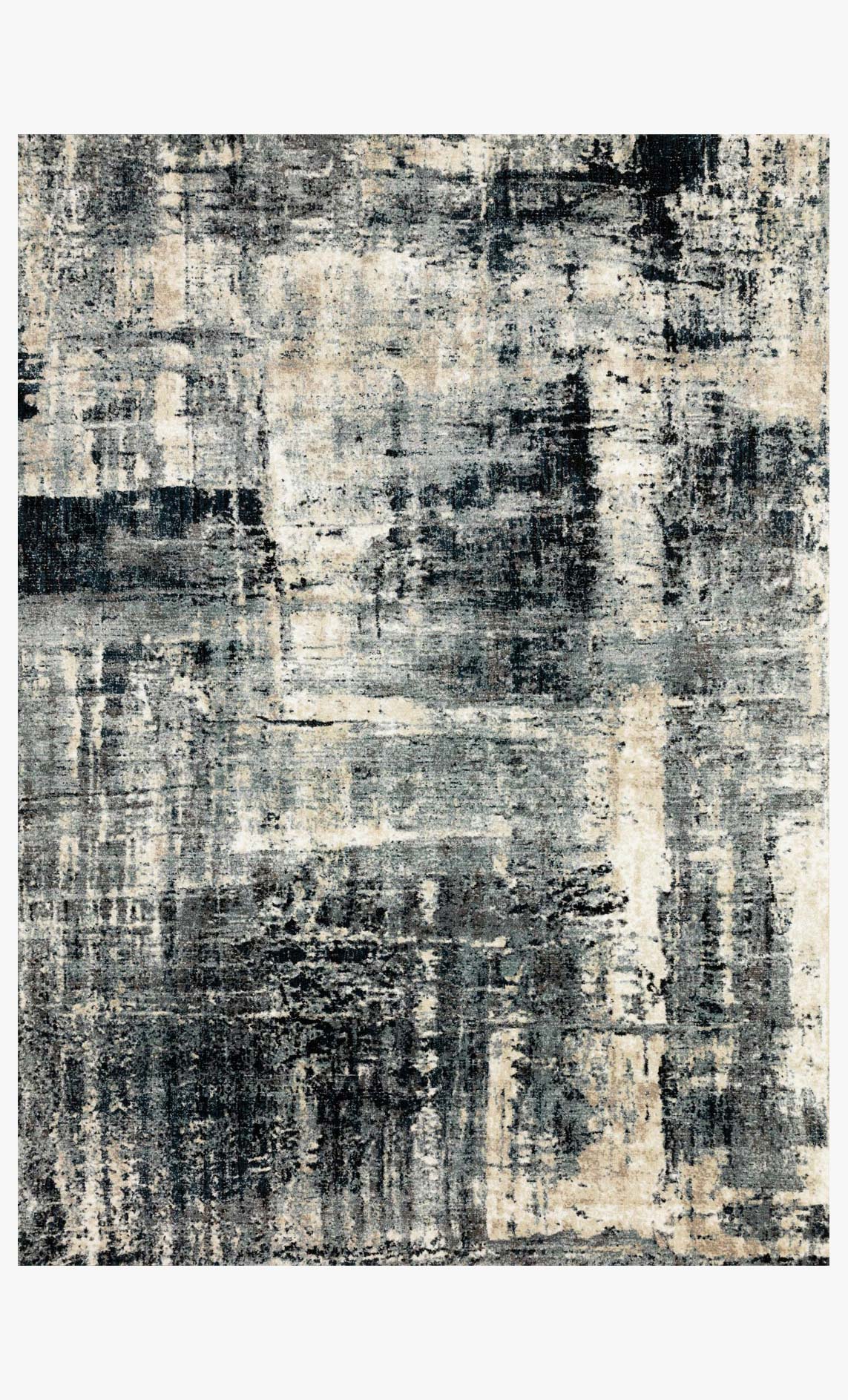 Power-loomed area rug with abstract navy and dove distressed pattern, rectangular design.