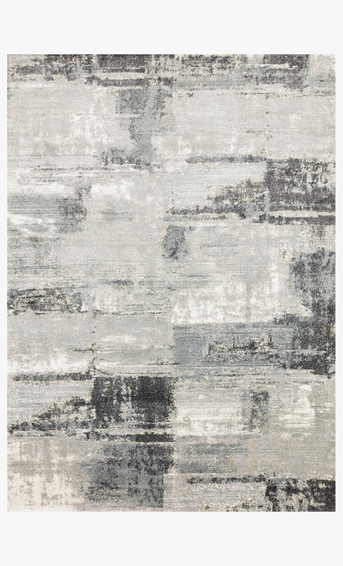 Slate blue abstract area rug with distressed block pattern