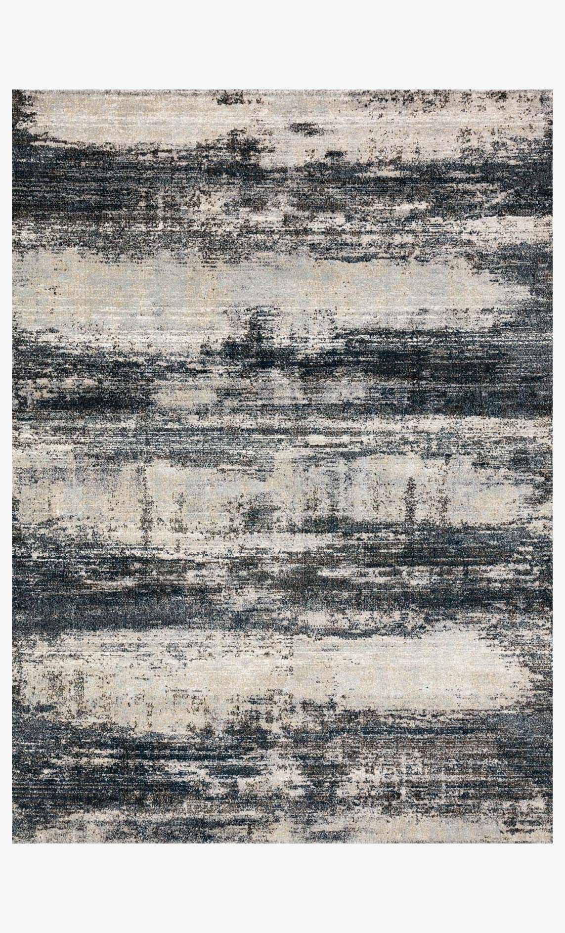 Contemporary navy and stone abstract power-loomed rug with distressed horizontal bands