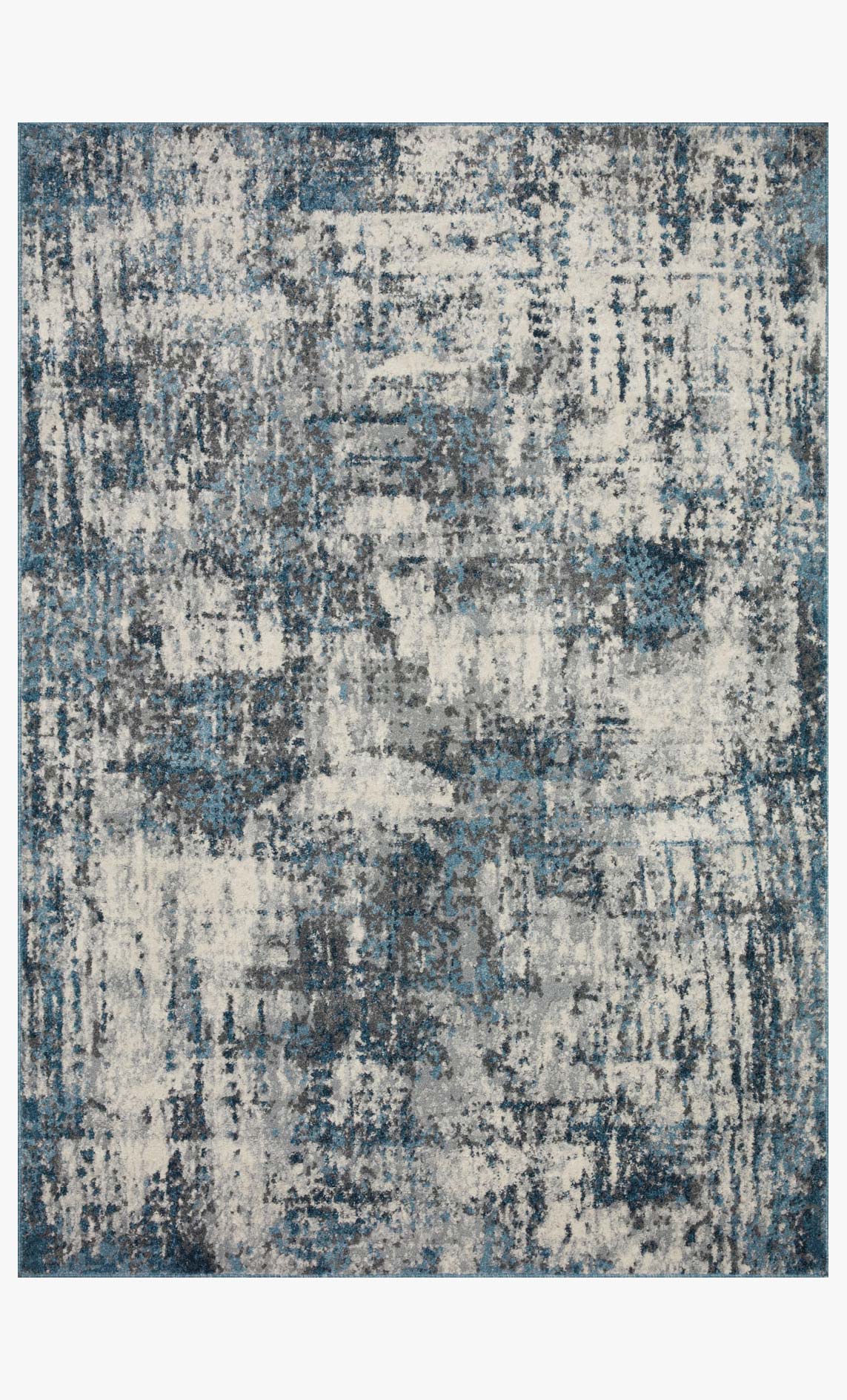 Contemporary power-loomed rug with distressed blue and ivory abstract pattern, border edges