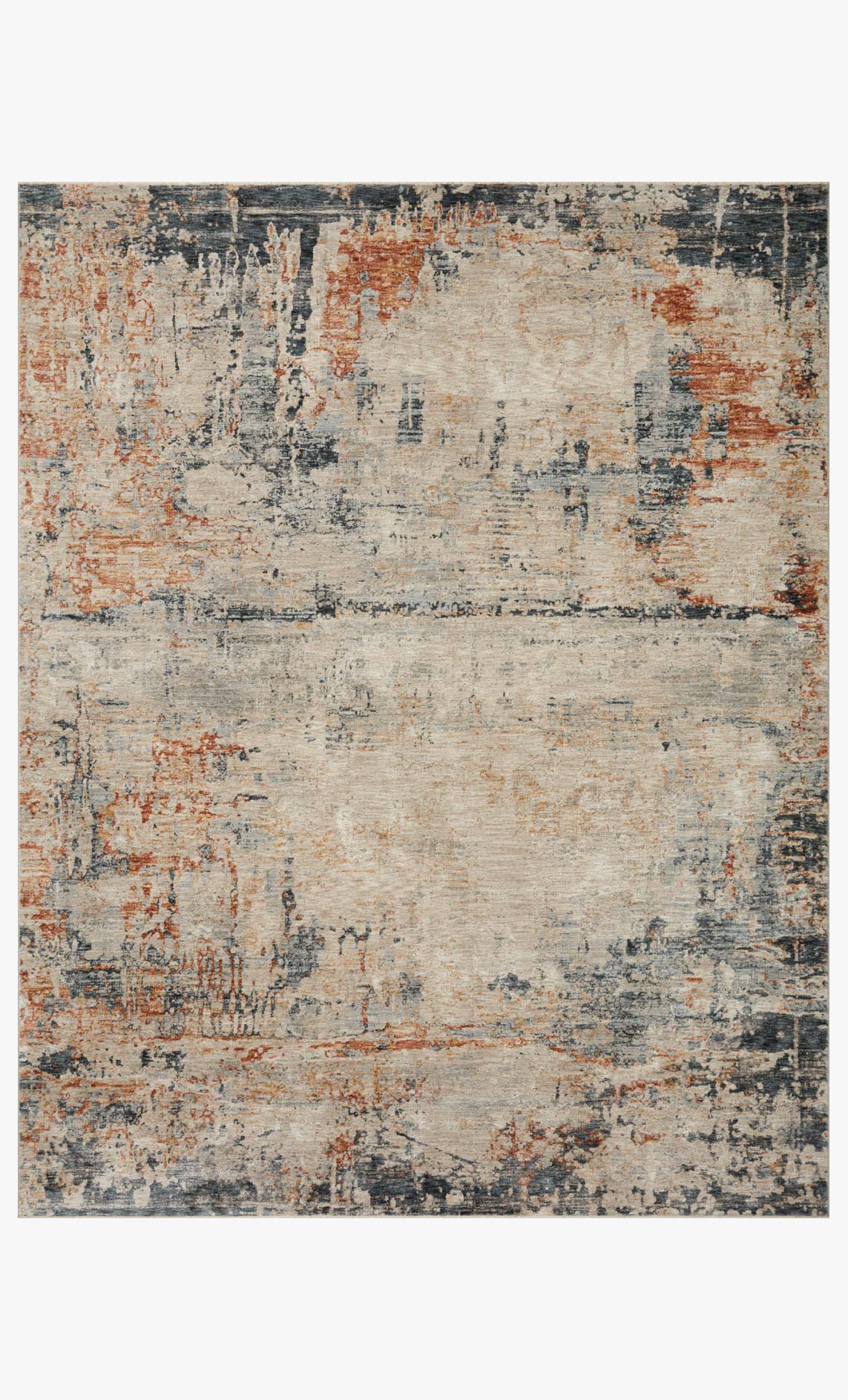 Contemporary power-loomed rug with stone, rust, and blue-gray abstract distressed pattern.