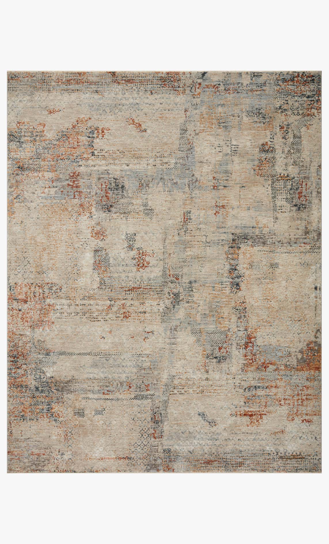 Rectangular power-loomed rug with distressed abstract pattern, sand with blue-gray and rust