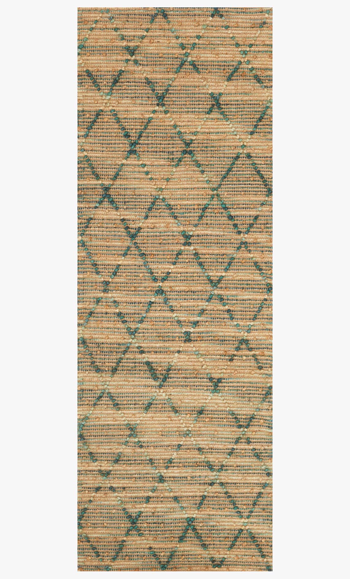 Rectangular hand-woven rug with teal geometric motifs on light tan