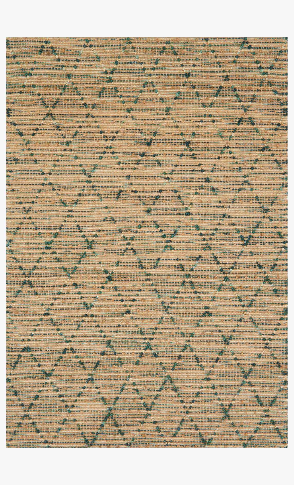 Hand-woven area rug with aqua geometric pattern on light tan ground