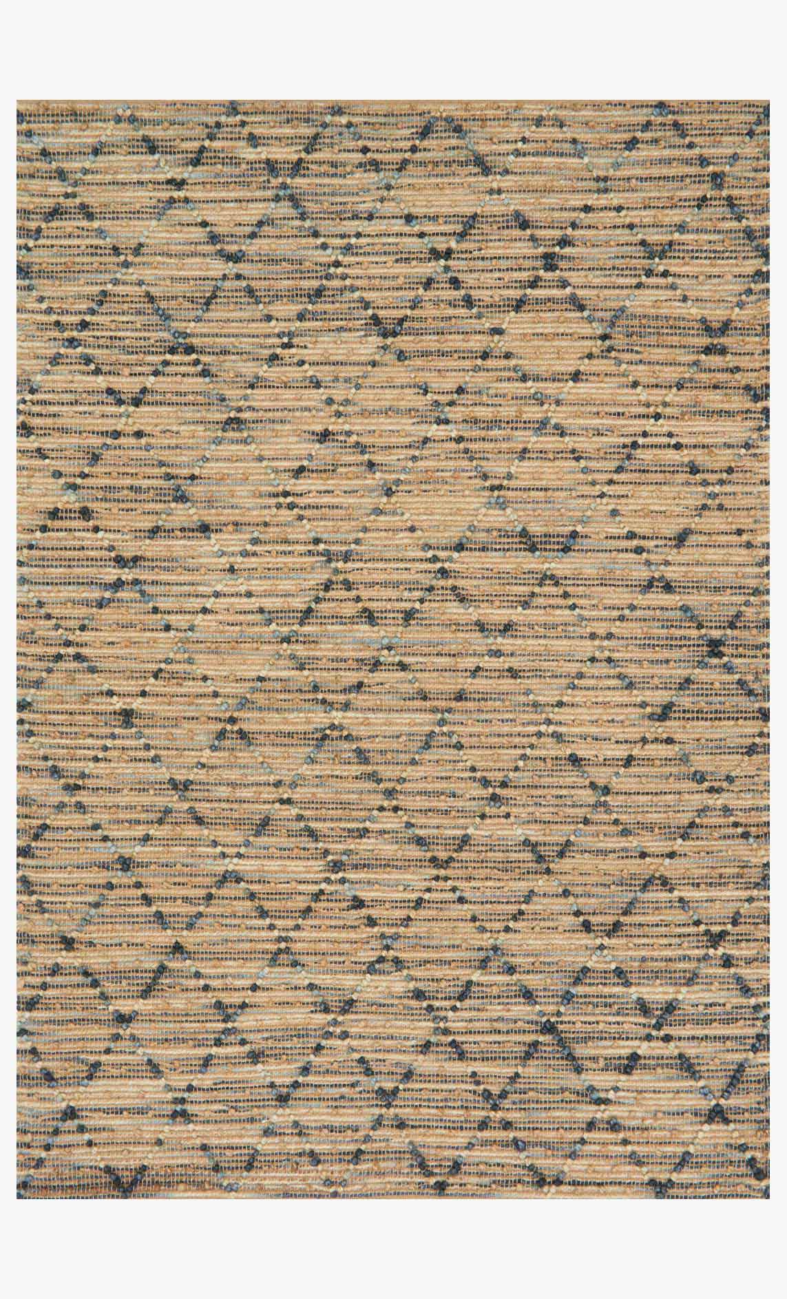 Contemporary hand-woven rug with navy geometric pattern on woven beige ground