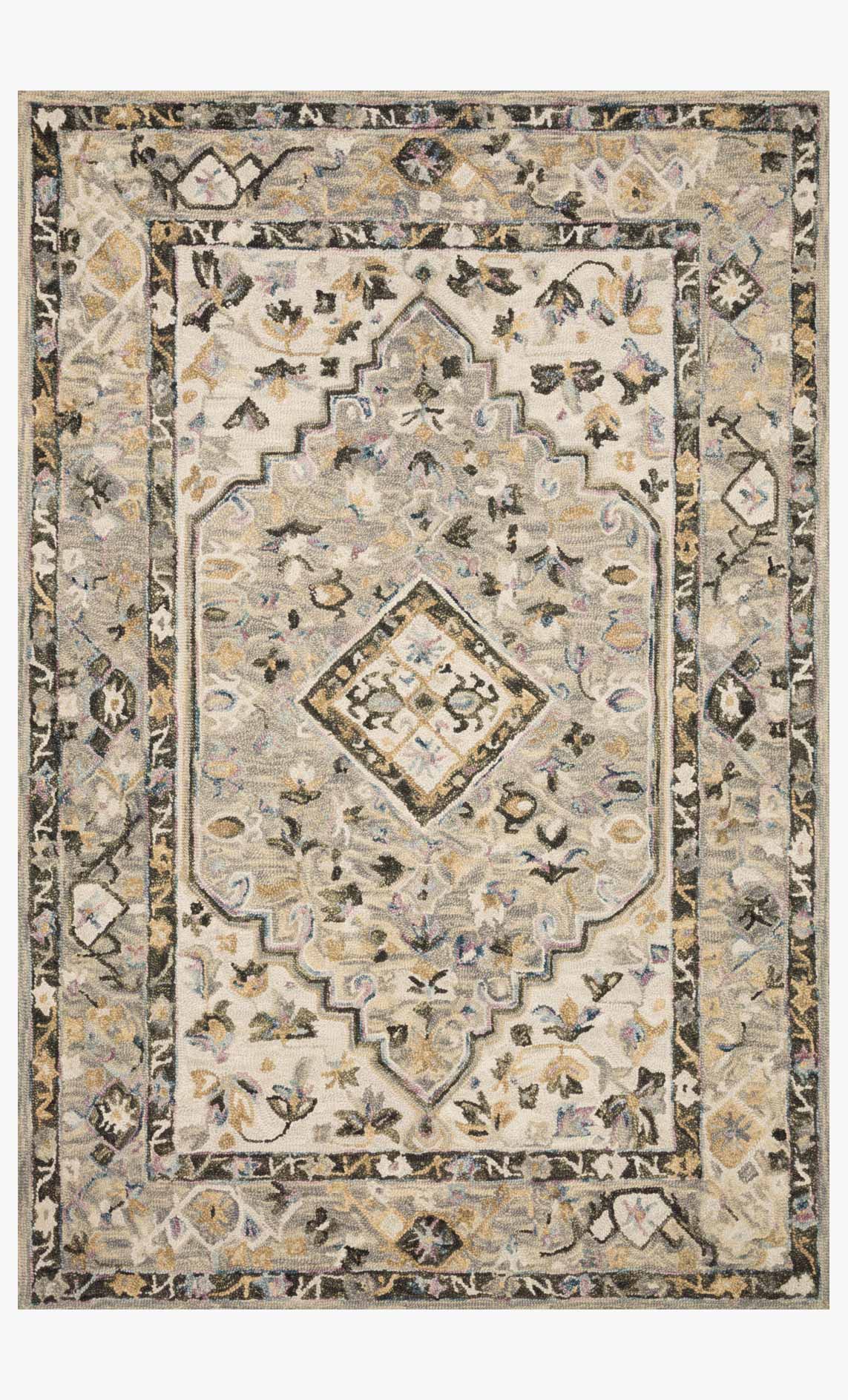 Grey and ivory traditional hooked rug with central diamond medallion and ornate border