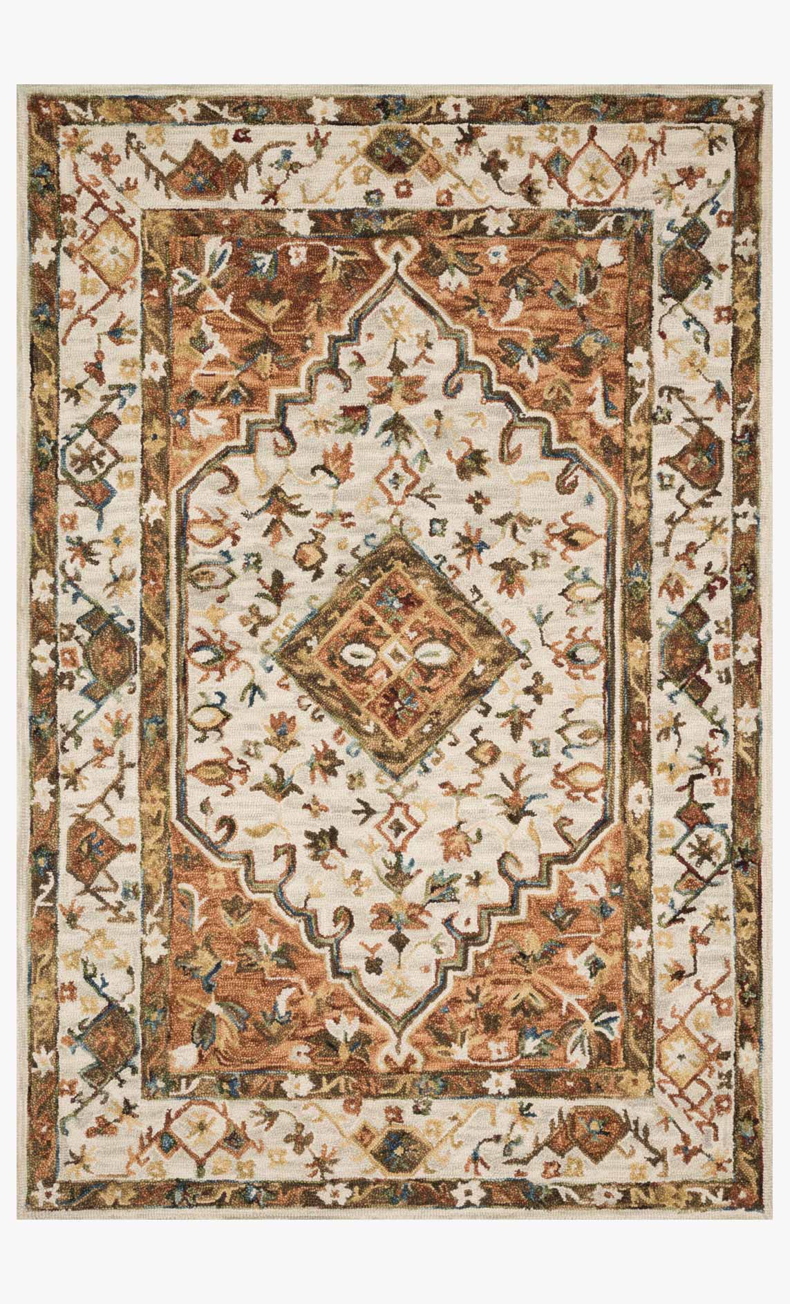 Traditional hooked rug with ornate central medallion in ivory, rust, and brown.