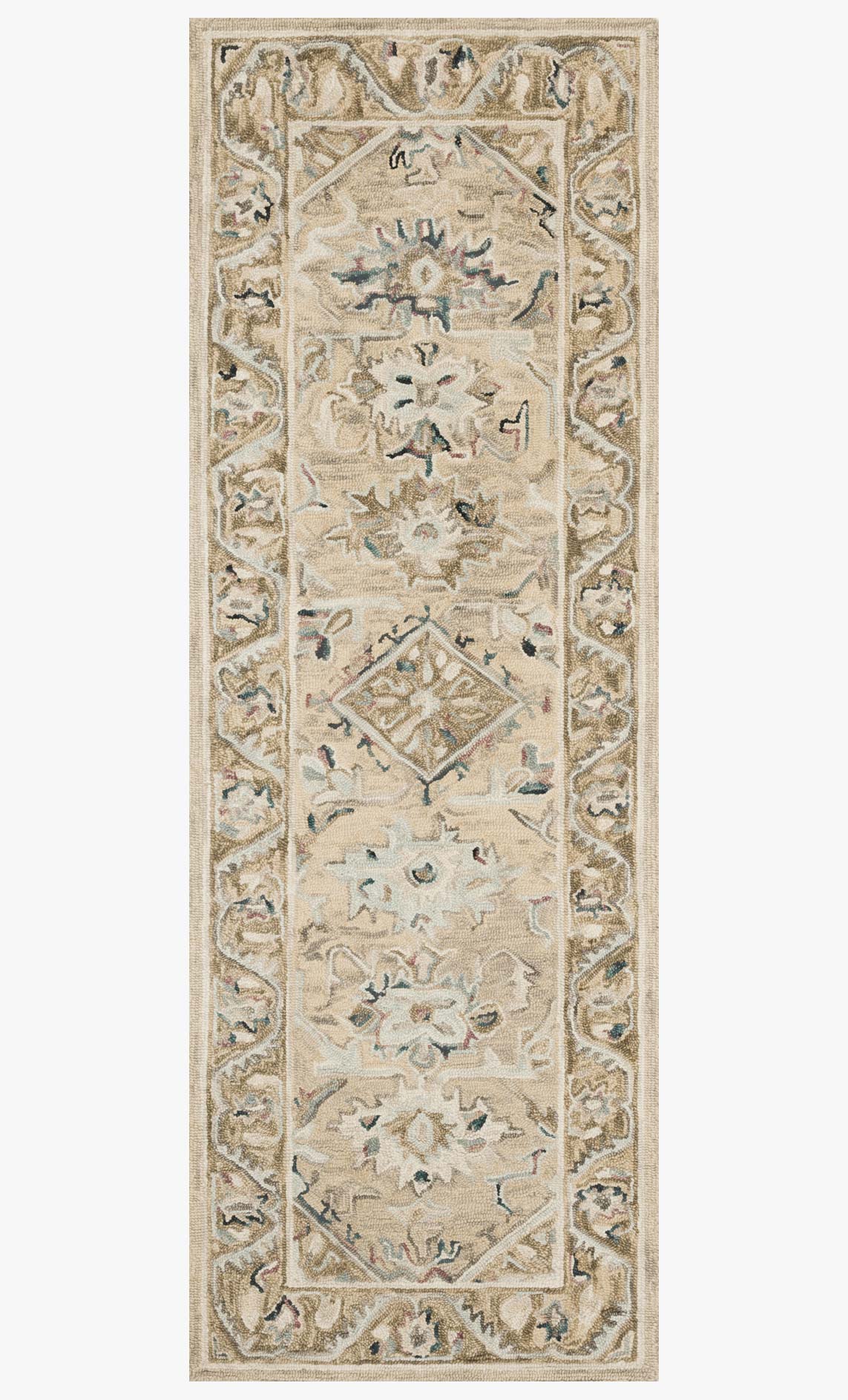 Rectangular beige and ivory hooked rug with detailed central design and decorative border.