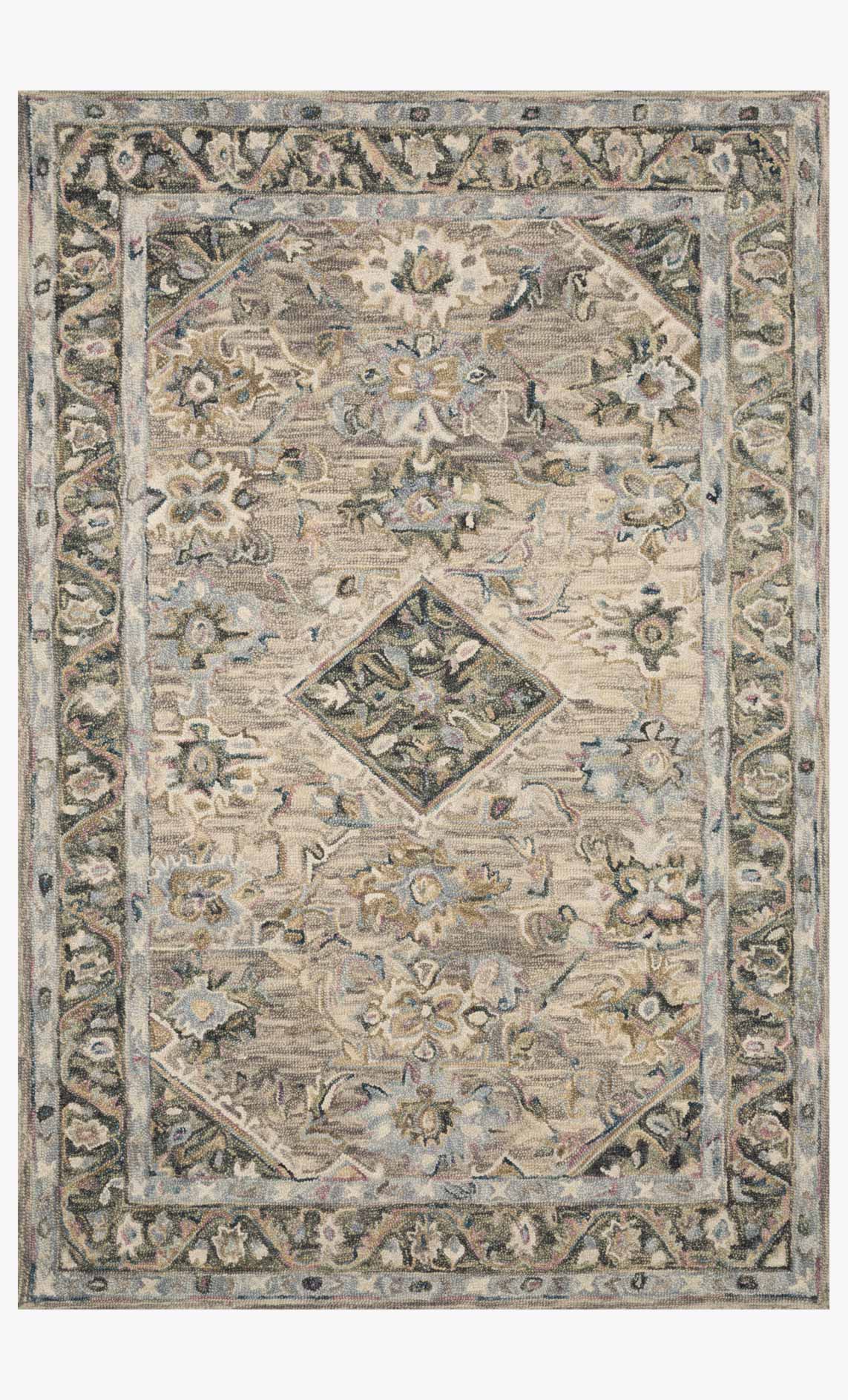 Sky-toned traditional hooked rug with ornate center medallion and geometric border