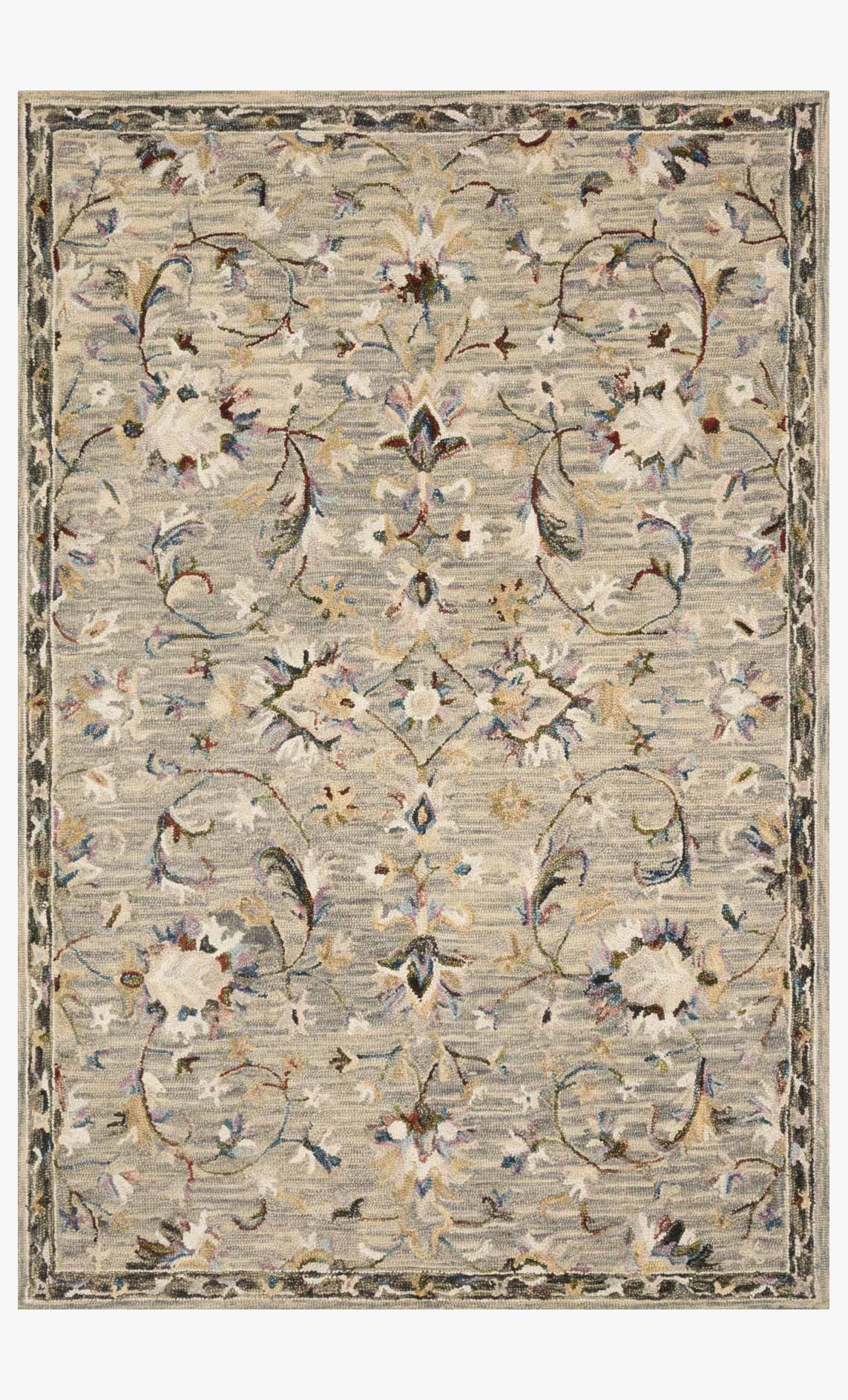 Traditional hooked rug with light grey floral and vine pattern, dark border
