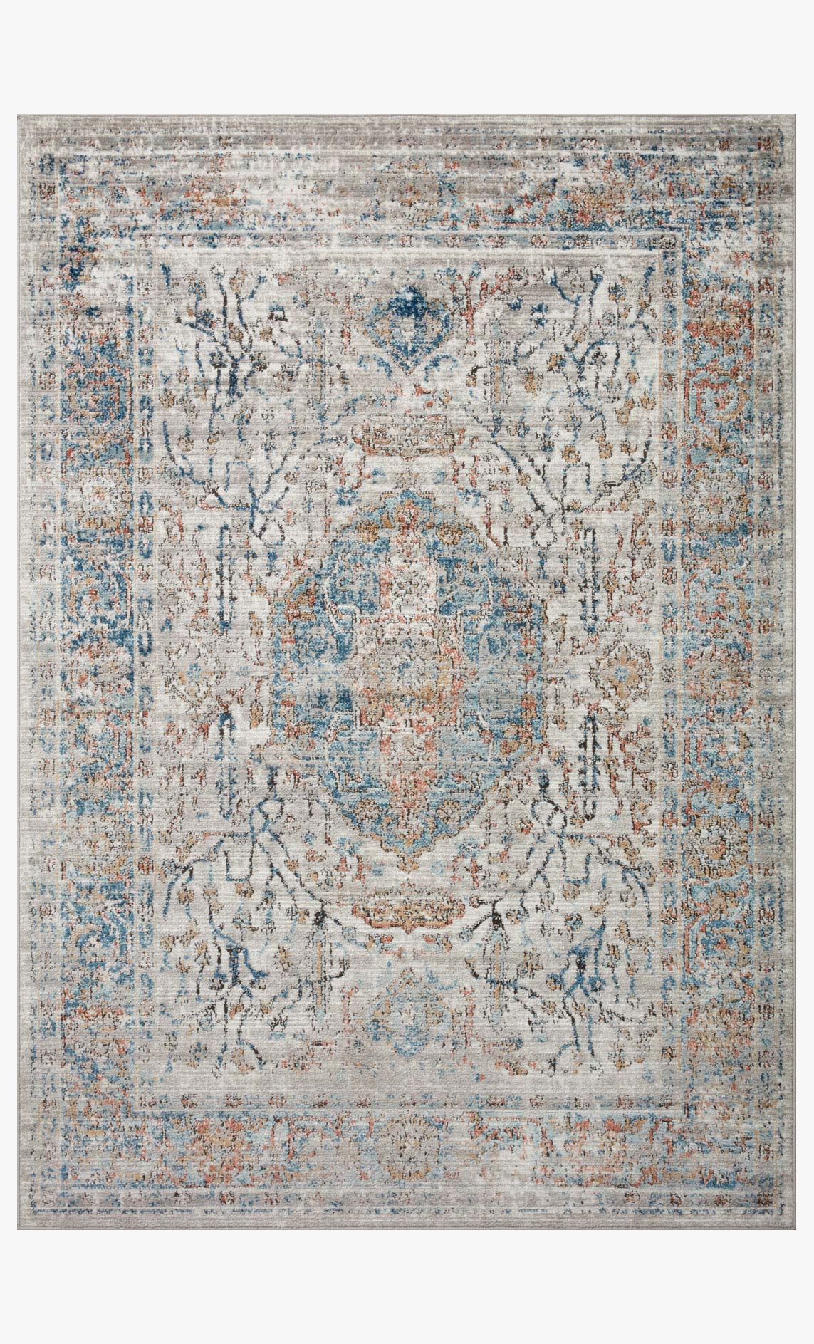 Stone abstract rug with distressed blue and orange pattern and ornate border