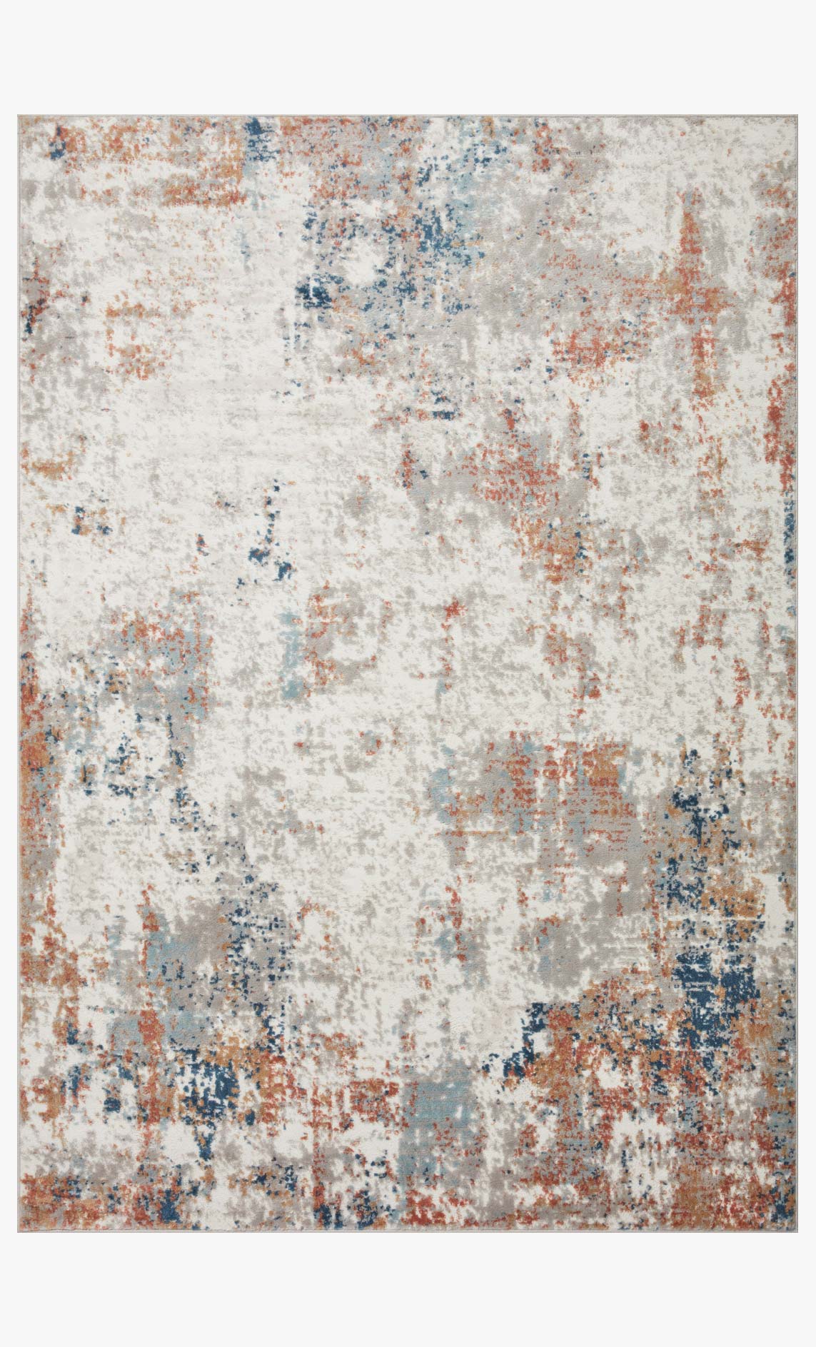 Ivory power-loomed area rug with abstract distressed pattern in blue and rust tones