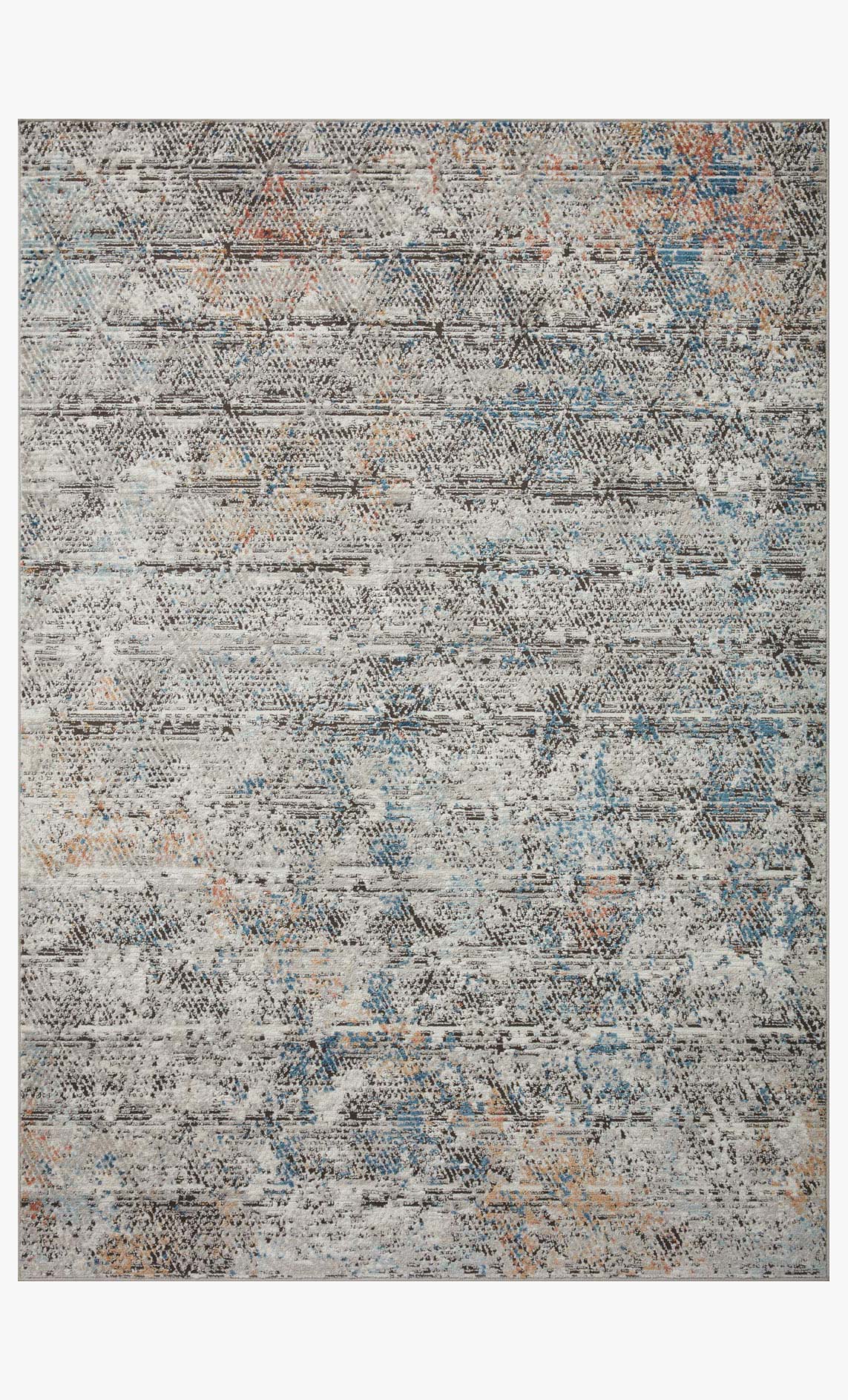 Grey abstract power-loom rug with distressed textural pattern and blue orange accents