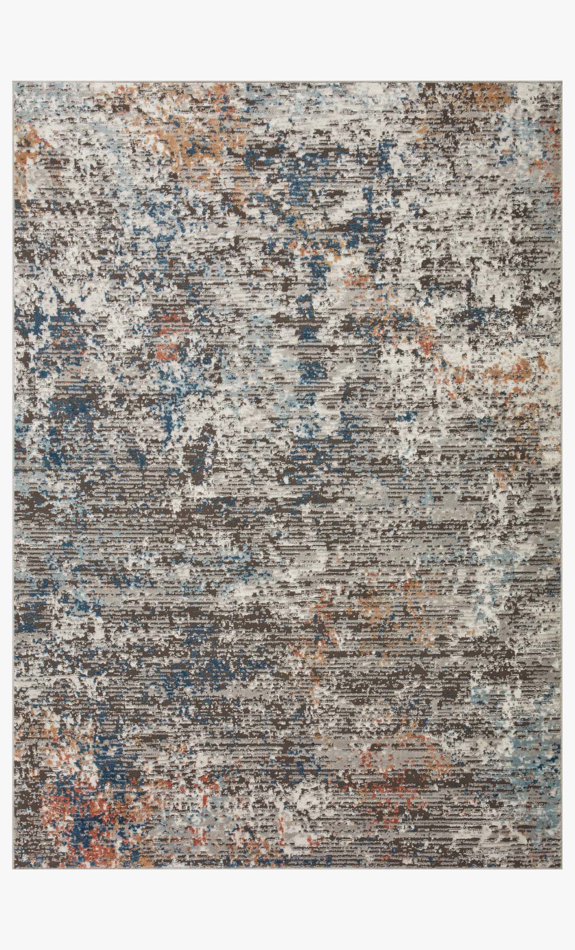 Granite-toned area rug with distressed abstract pattern in blue, orange, and gray.