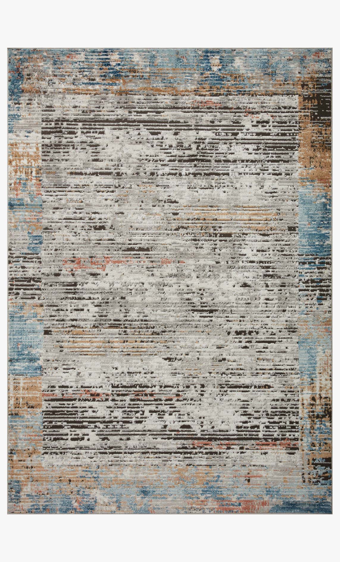 Contemporary area rug with distressed abstract pattern in cream, blue, and warm orange