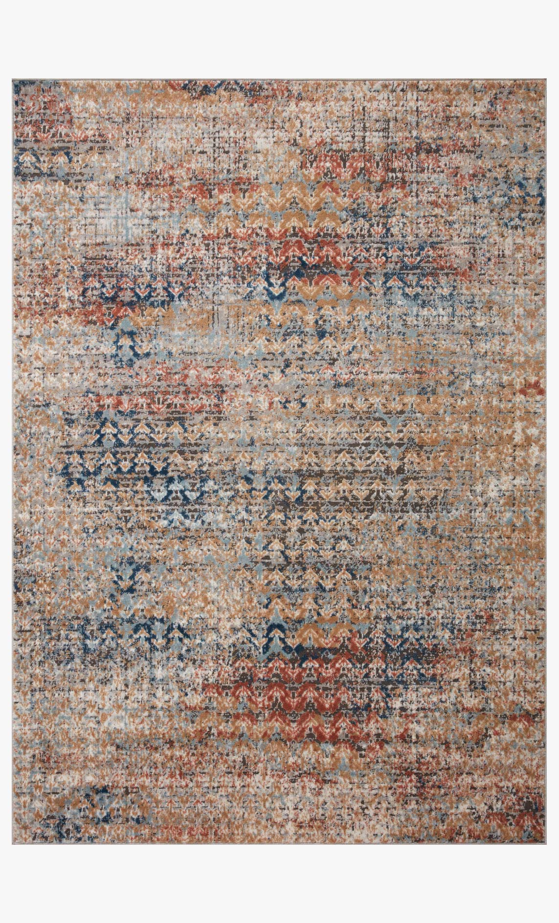 Multicolor area rug with distressed abstract pattern in blue, orange, and beige