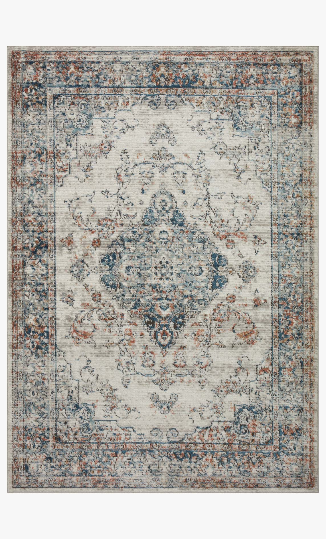 Contemporary power-loomed rug with ivory base, blue and orange distressed pattern, border