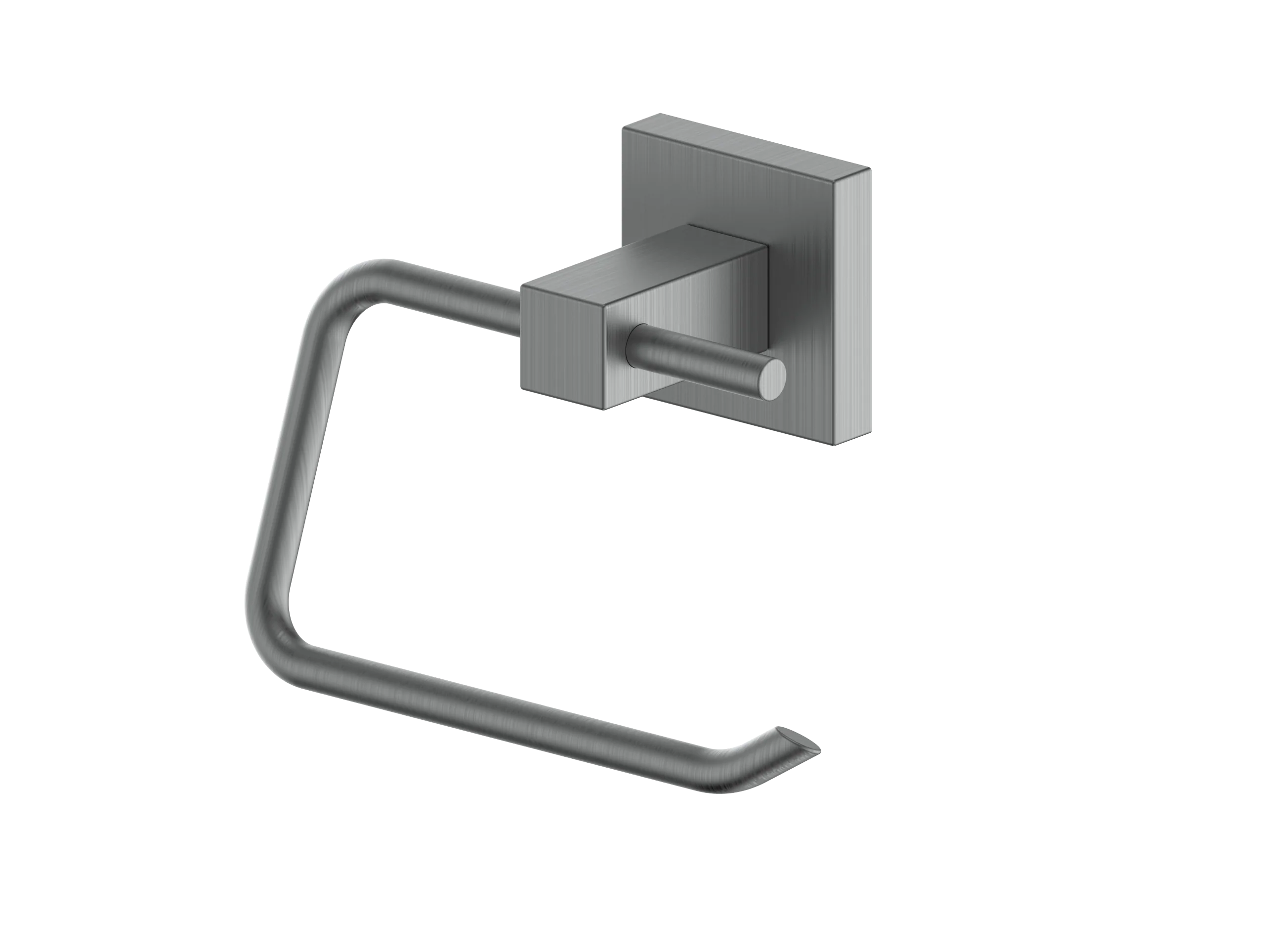 Gun metal toilet paper holder with curved arm and round mounting bar