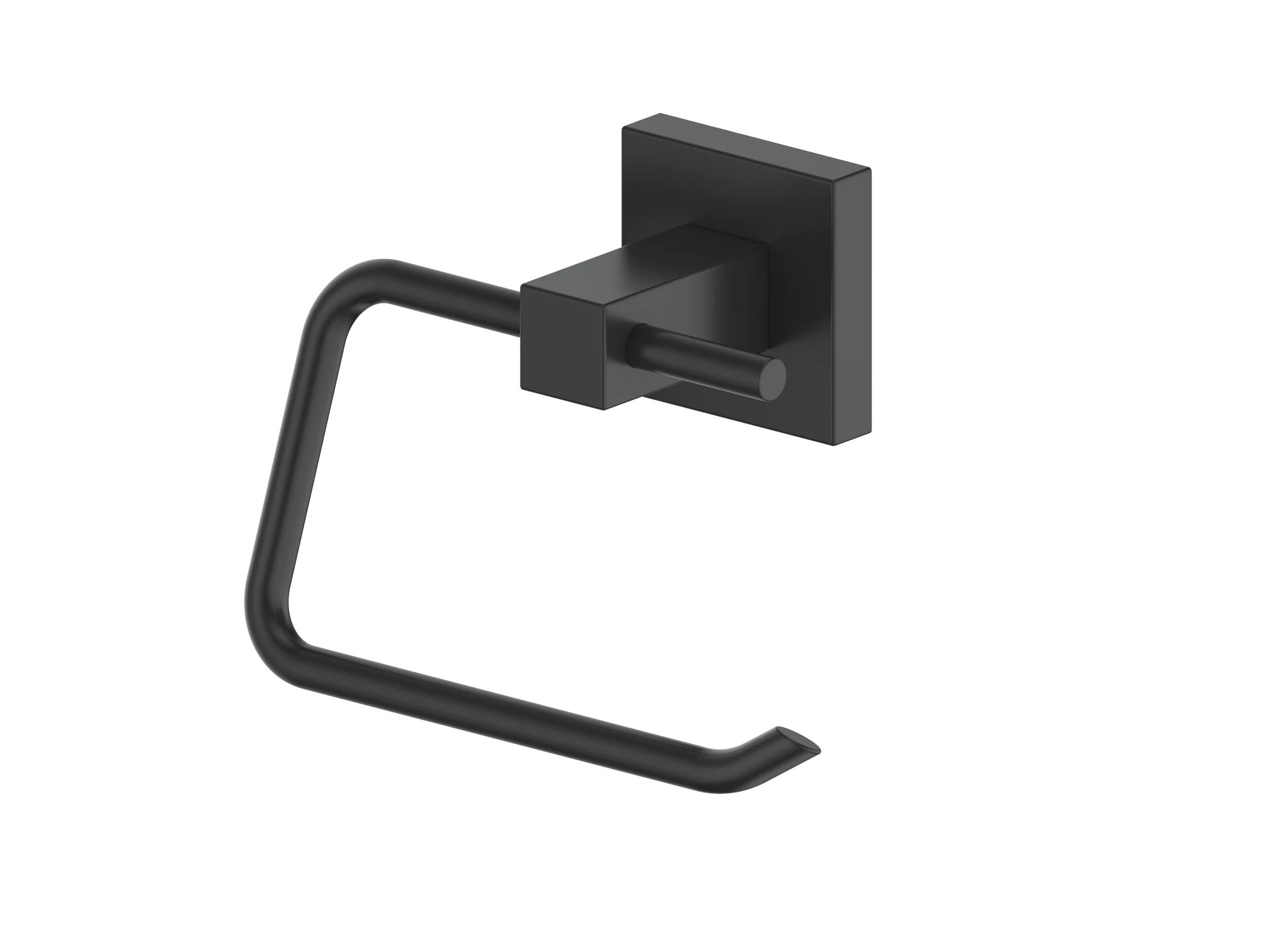 Matte black wall-mounted toilet paper holder with curved rod