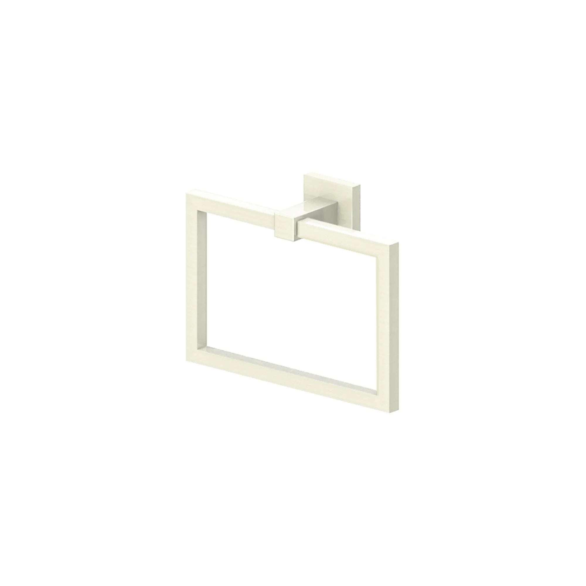 Brushed nickel towel ring with rectangular wall mount and square frame