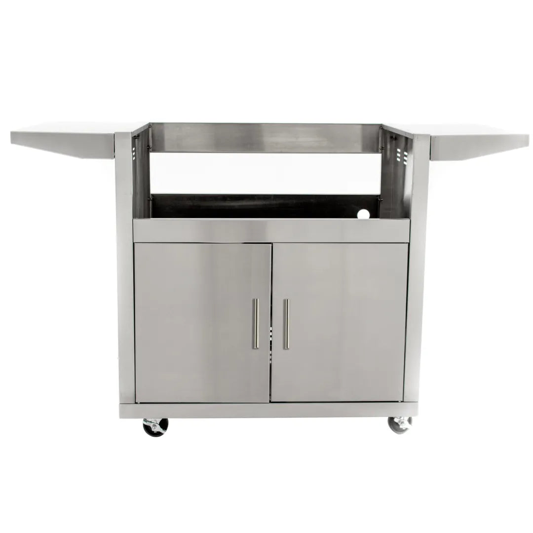 Stainless steel grill cart with cabinet doors and two caster wheels